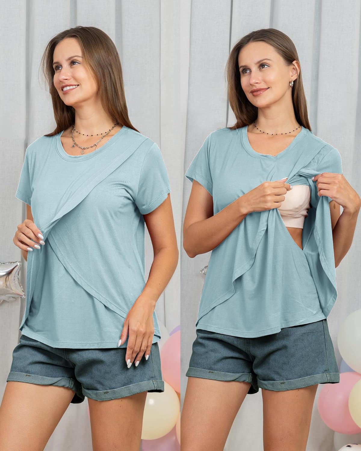 Rnxrbb 3 Pack Women's Nursing Tops for Breastfeeding Summer Short Sleeve T Shirts Postpartum Double Layer Clothes - Image 5