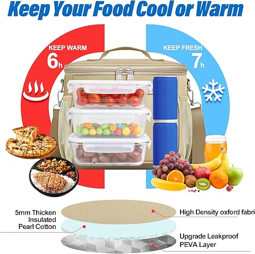 Miniatura 8 de Bolsa de almuerzo para mujereshombres, bolsa térmica de almuerzo para adultos, bolsa de almuerzo plegable a prueba de fugas con correa de hombro