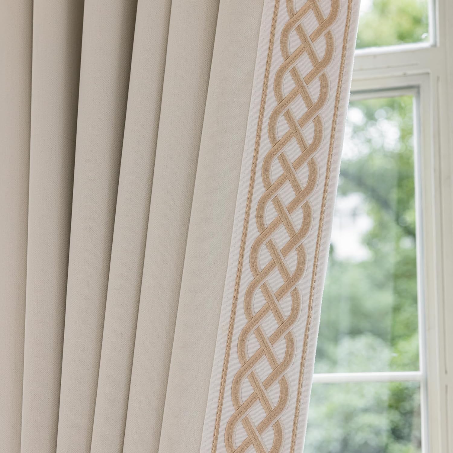 X Kinsey Walsh Lilly Room Darkening Curtain Pair, Designer Pinch Pleat Drapes with Trim，Memory Trained Velvet Curtains (Soft Cream, 50” w x 102” L)