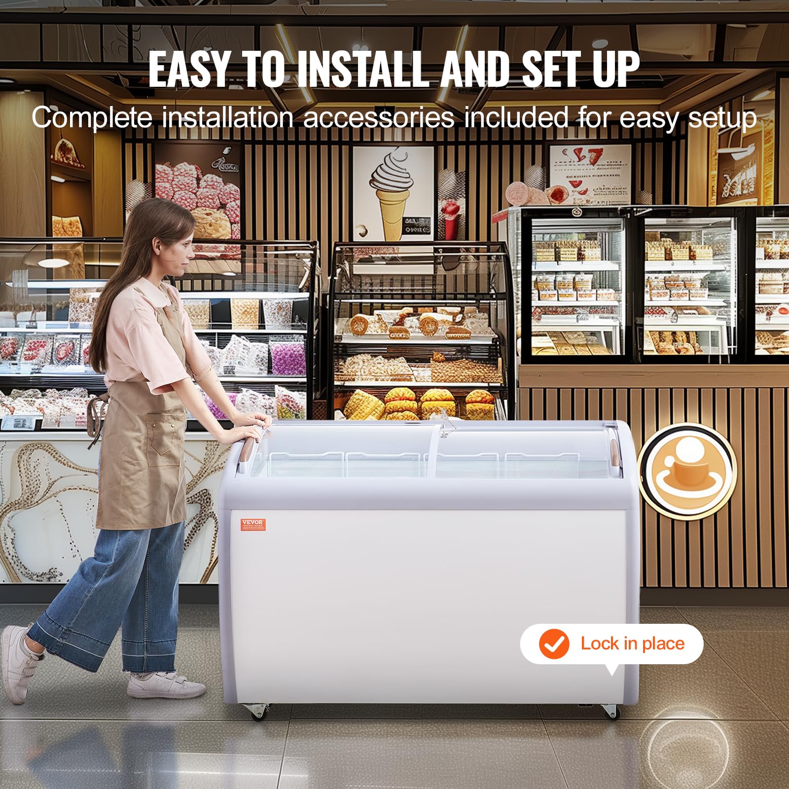 VEVOR Vetrina per Gelato Commerciale 362 L Congelatore Mobile con Piano in Vetro, Armadietto per Gelato per Ristorante, 4 Cestelli Metallici, 2 Porte Scorrevoli in Vetro, Ruote con Bloccaggio, Bianco