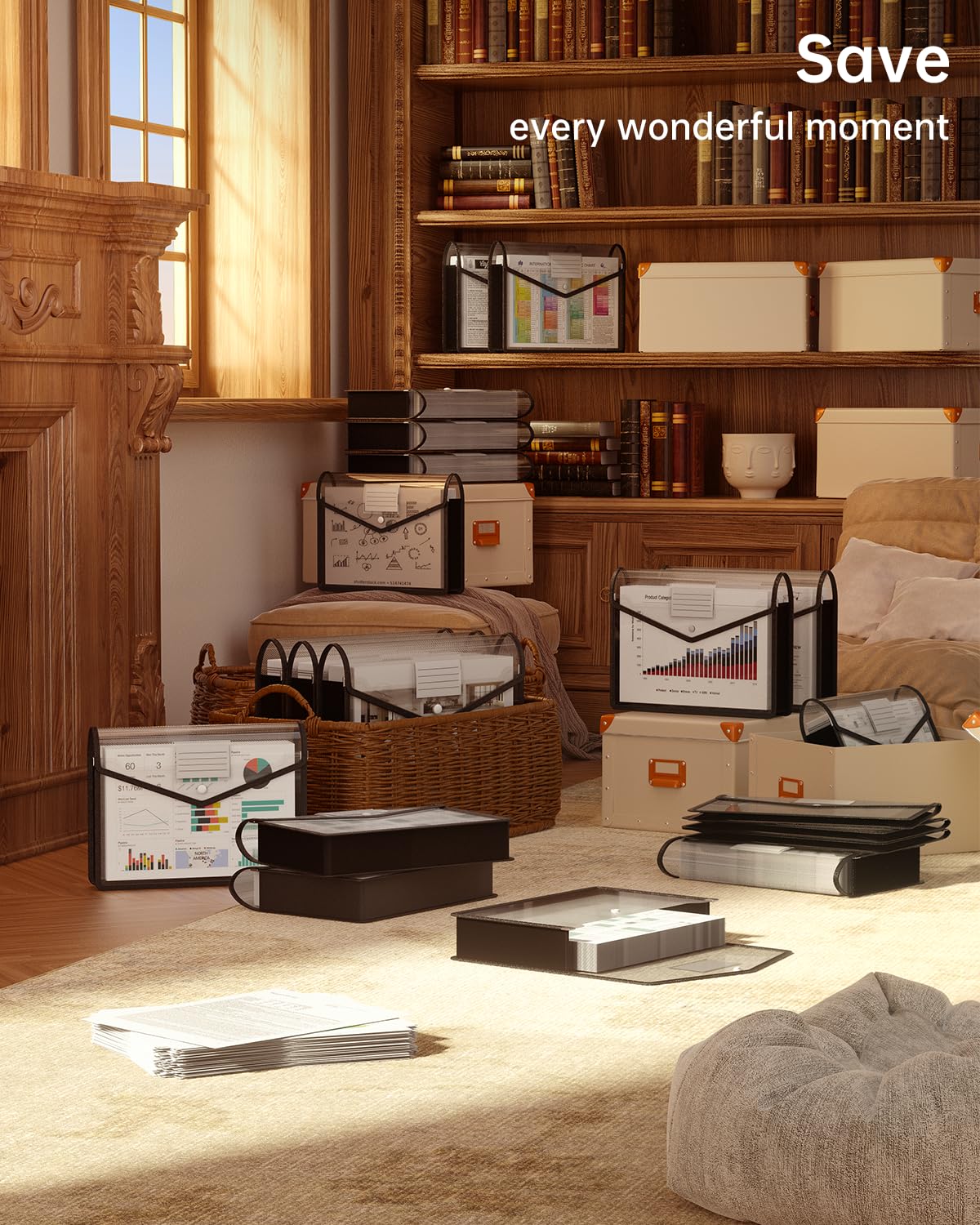 Carpeta de archivos expandible de plástico, sobres transparentes con cierre a presión, sin divisores, gran capacidad, organizador de carpetas de archivos negro, soporte organizador de facturas e