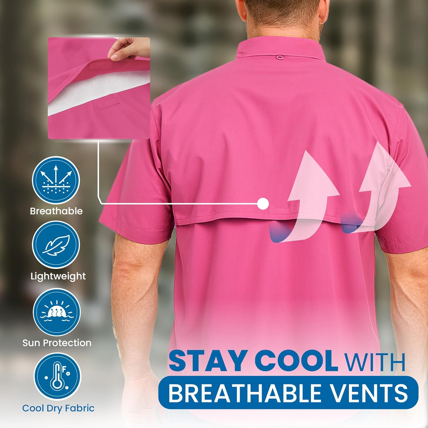 Men's Short Sleeve Fishing Button Down Shirt, Breathable Outdoors Casual Lightweight Shirt, Pink Large