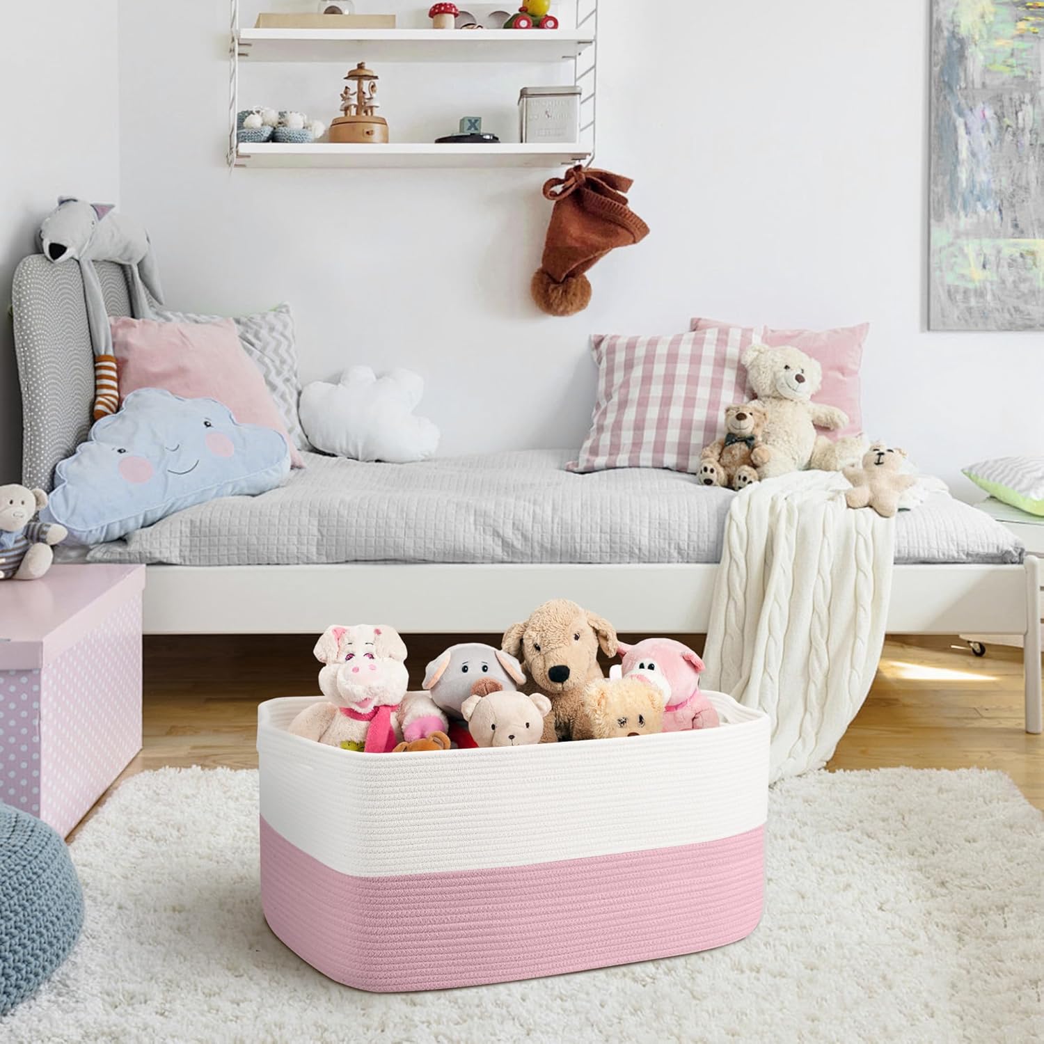 Large Pink Storage Basket, 22" x 17" x 12" Rectangle Cotton Rope Bin for Organizing, Woven Blanket storage for Living Room, Kids Toy Bin Box, Decorative Nursery Storage, Pink Room Decor