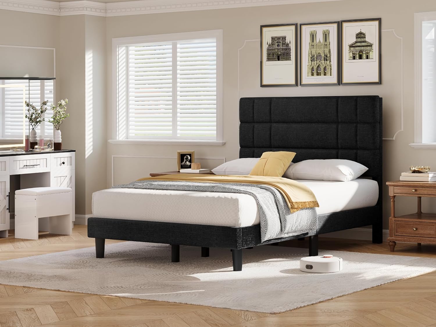 DWVO Twin Size Platform Bed Frame with Fabric Upholstered Headboard,Mattress Foundation with Wooden Slat Support, Noise Free/No Box Spring Needed/Easy Assembly,Black