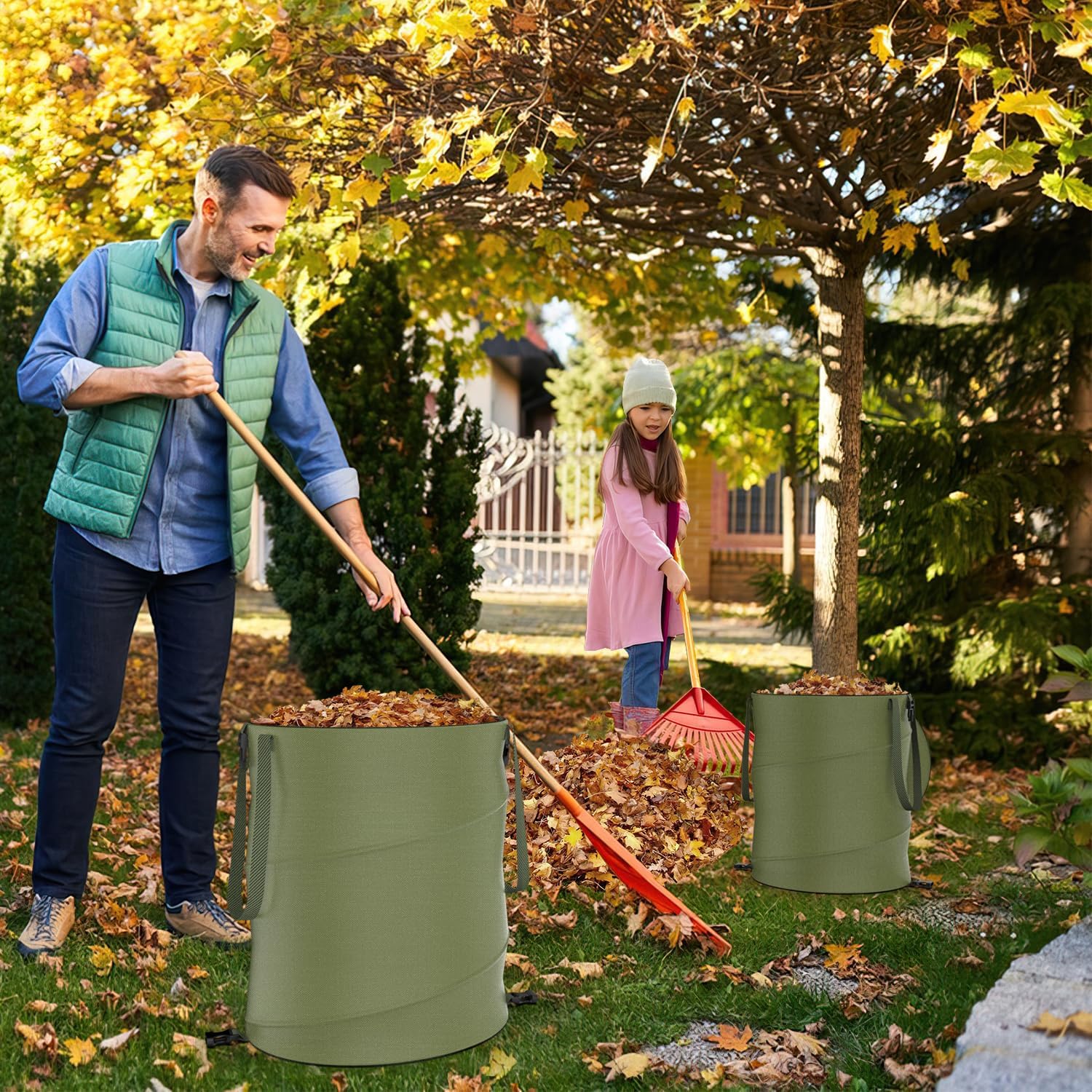 2-Pack 24-Gallon Collapsible Pop-Up Trash Cans – Durable 600D Oxford Cloth Waste Bags for Camping, RV, and Gardening (Green)