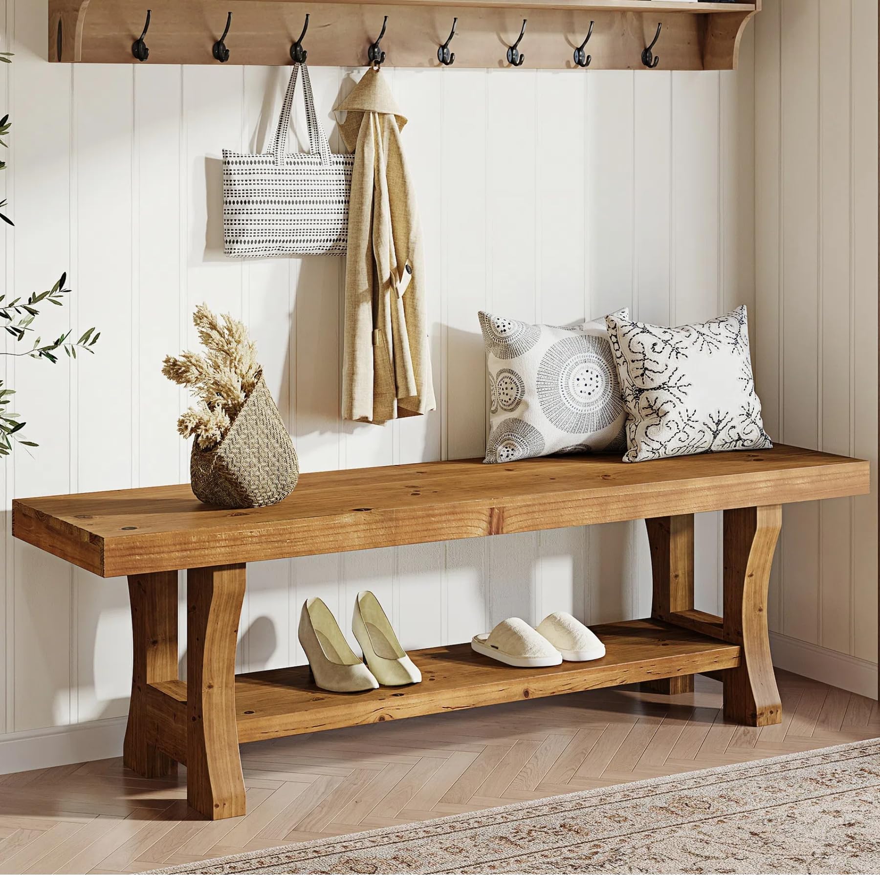 Solid Wood Entryway Bench, 55" End of Bed Bench, Long Indoor Dining Seat for Hallway, Bedroom, Living Room, Dining Room, Easy Assembly, Brown