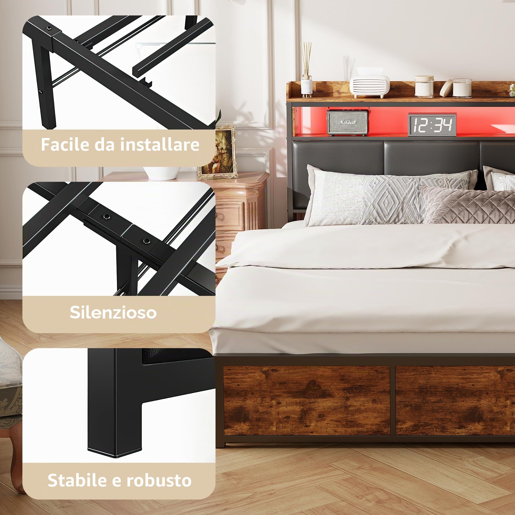 BRILVERDE Letto metallo 180x200 con Contenitore, letto matrimoniale con LED, letto con 4 cassetti, con testiera, struttura letto con rete a doghe, Pu (Nero, 180 x 200 cm)