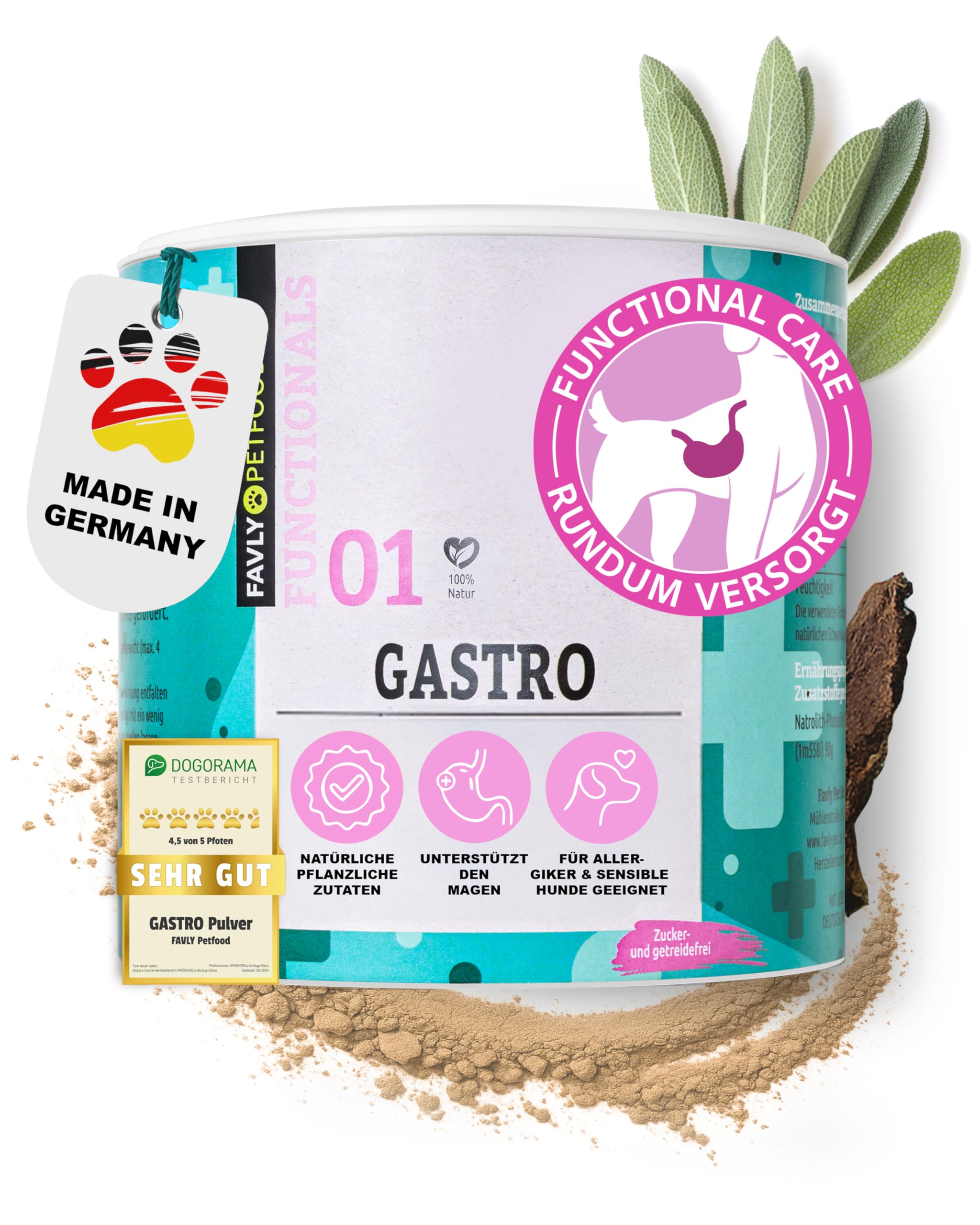 FAVLY – Gastro Pulver Magen Darmflora für Hunde 250g – Getreidefreies Ergänzungsfuttermittel bei Sodbrennen, Grasfressen & Erbrechen – Futtertopping mit Rotulmenrinde, Möhren & Wermut