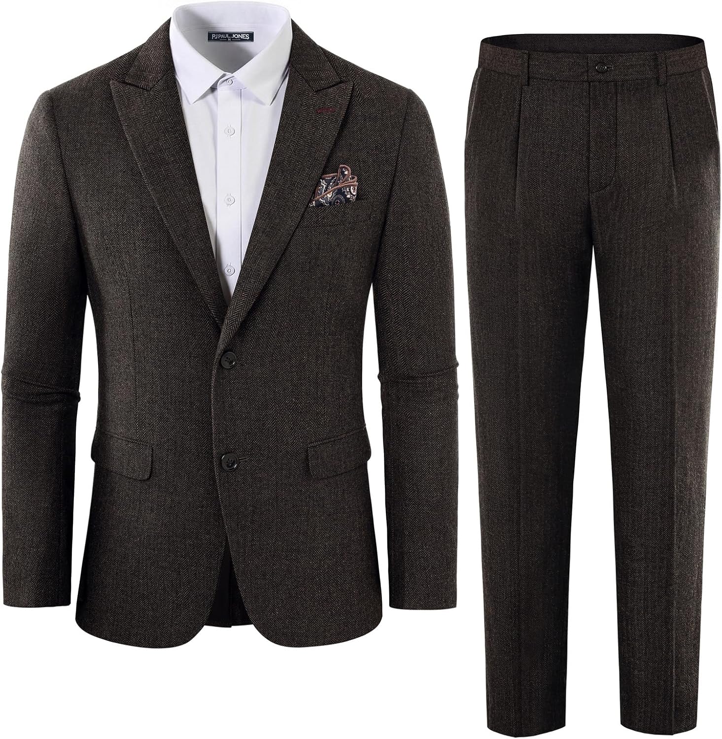 PJ PAUL JONES Mens 2 Piece Suit Vintage Herringbone Tweed Suits 2 Button Peak Lapel Blazer Pants Set - Image 2