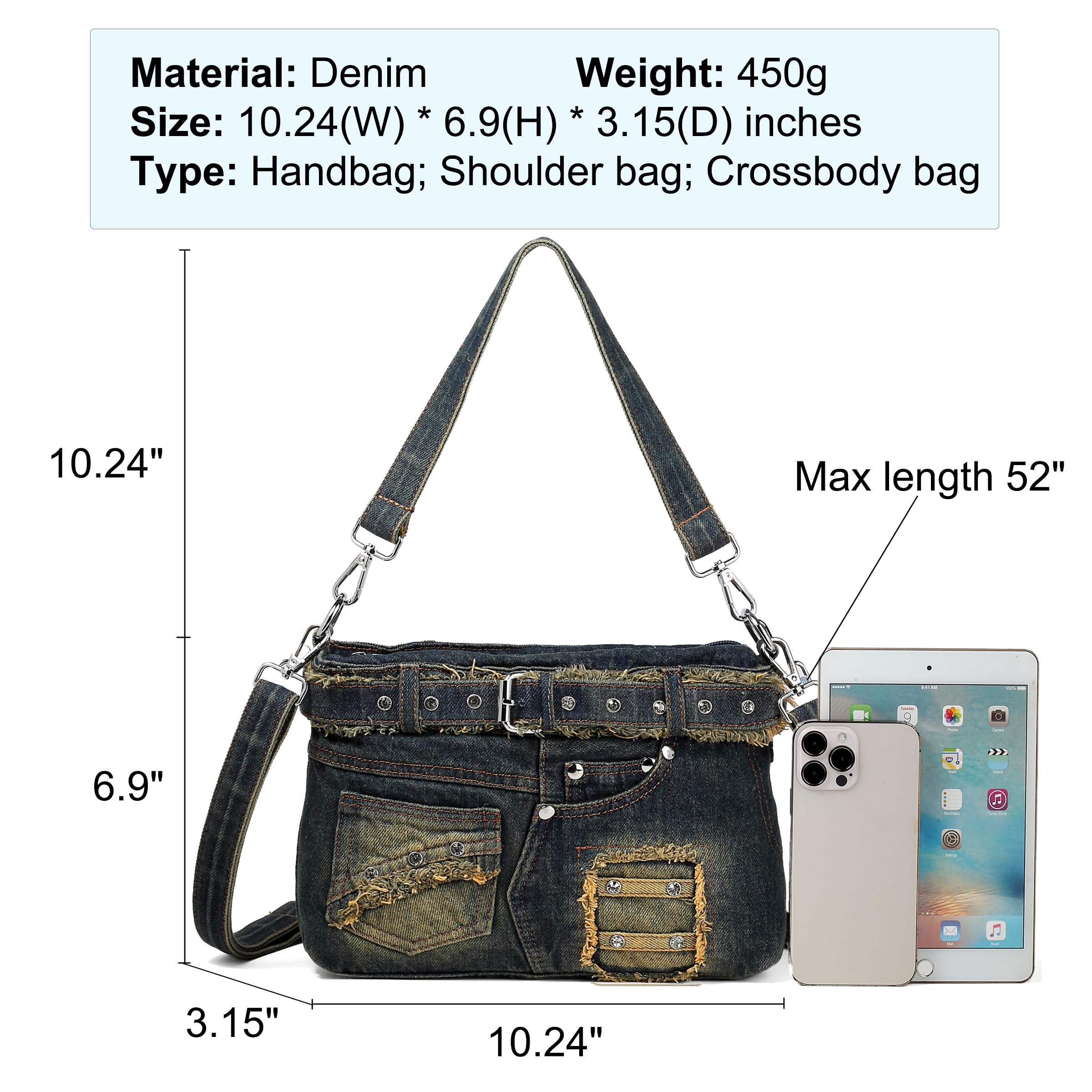 YeFine Y2K Jean Bags Denim Purse with Rhinestones Crossbody Shoulder Bag Bling Grunge Small Jean Purses for Women Aesthetic Handbags (Skirt Shape Blue)