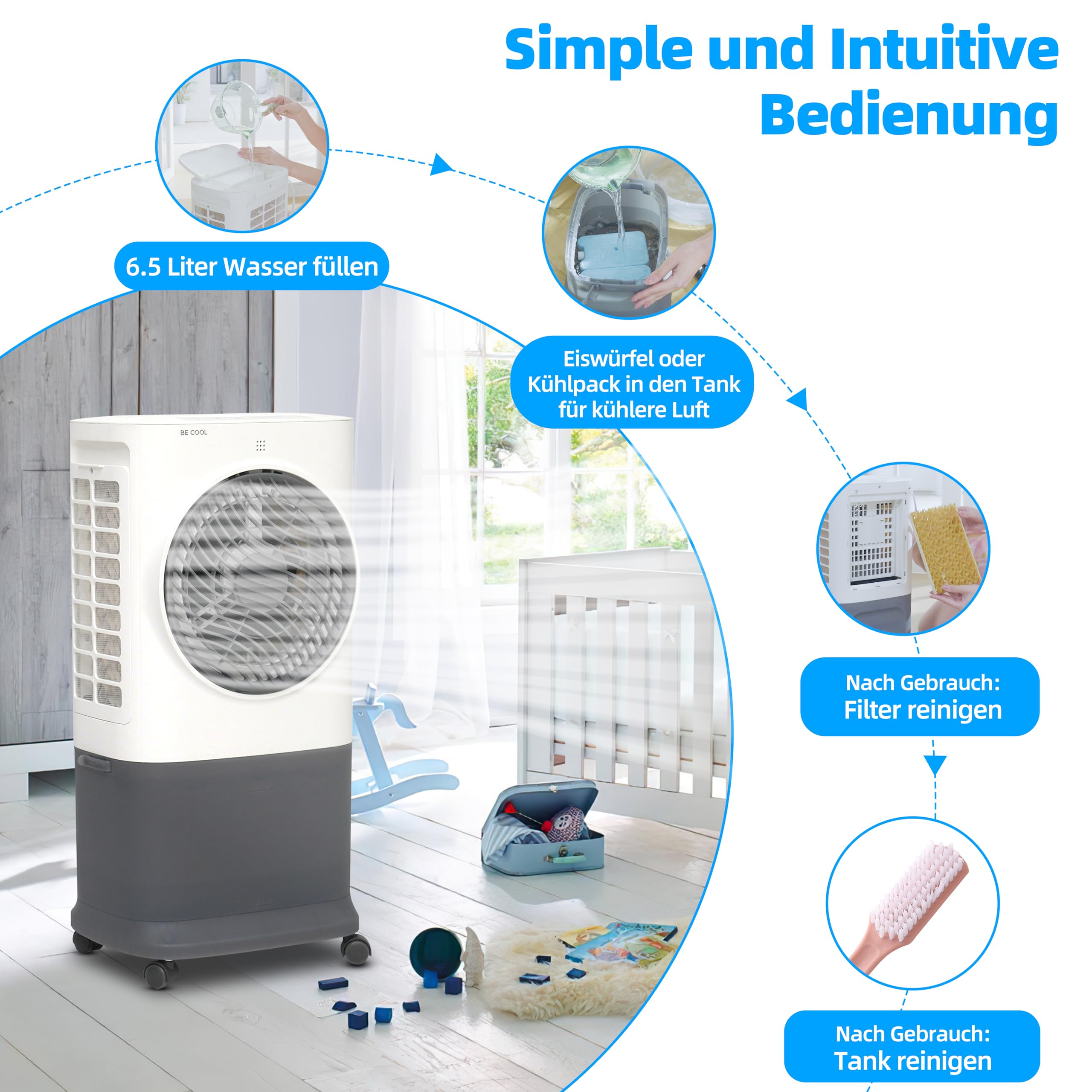 BE COOL Premium Luftkühler BC6ACP2501W mit WiFi, 6,5L Wassertank, 340 m³/h Luftleistung, Timer, Fernbedienung, LED-Display, 3 Modi, mobil, leise (≤50dB)