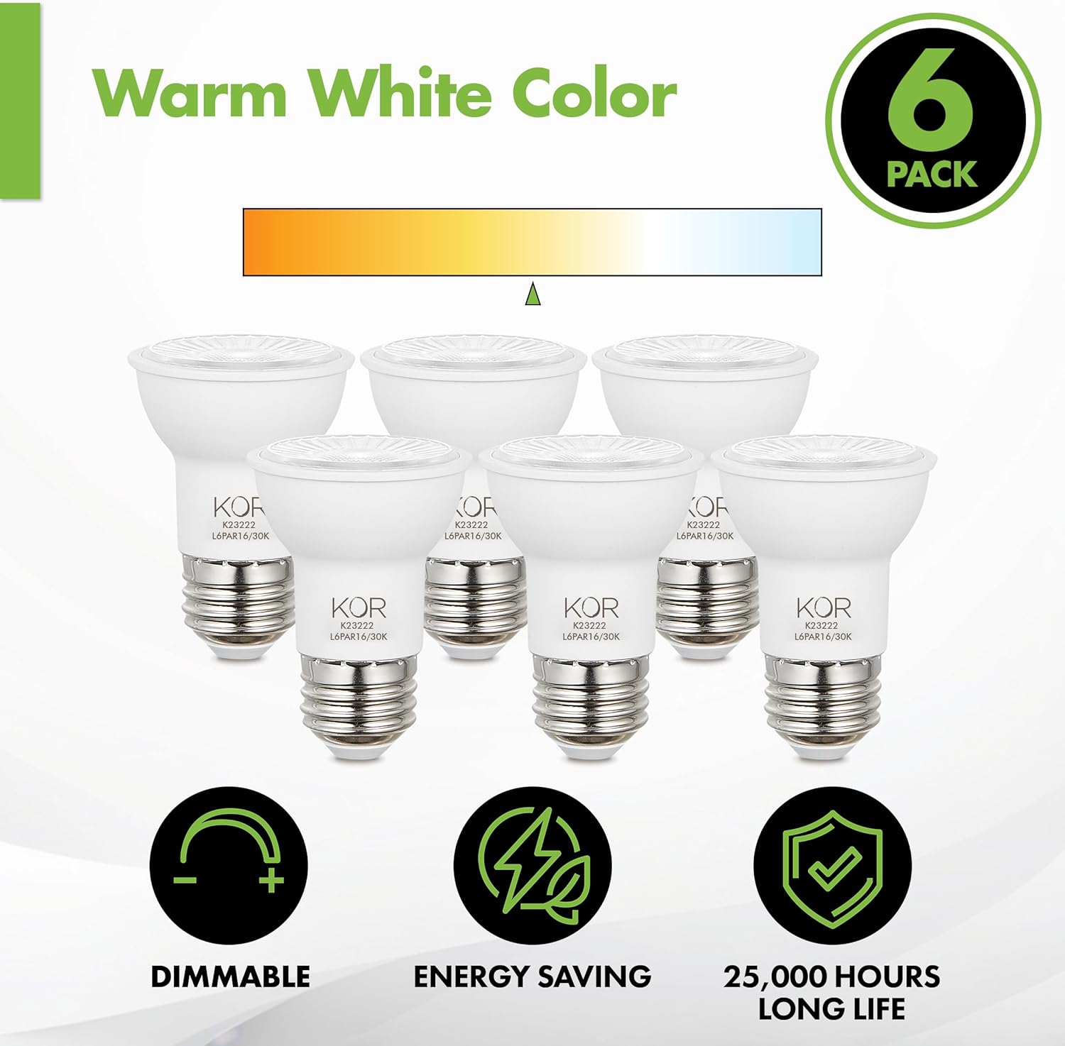 KOR LED PAR16 Flood Light Bulbs, 6 Pack, Dimmable 50W Equivalent, 3000K Warm White, Indoor Outdoor 6W Spotlight Bulb, E26 Base, 1250 Lumens, Frosted Finish, Damp Location Rated