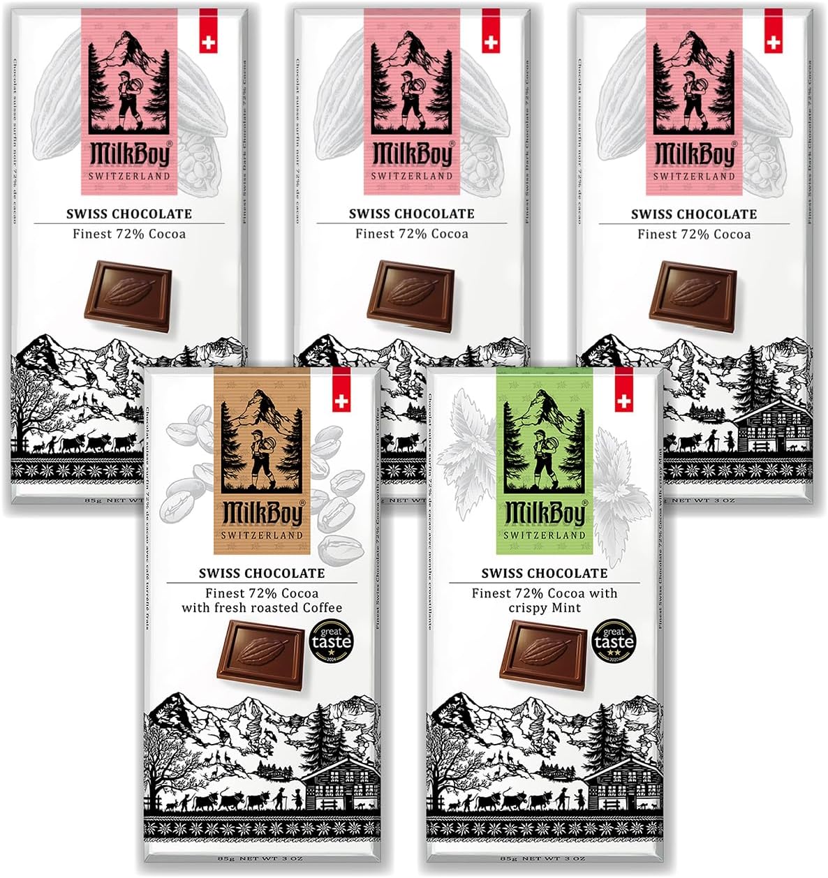 72% Dark Chocolates Variety Pack - Chocolate Bars - Crafted in Switzerland - All Natural, Sustainably Farmed Cocoa - Gluten & GMO Free, Vegan - 3 oz (Pack of 5)