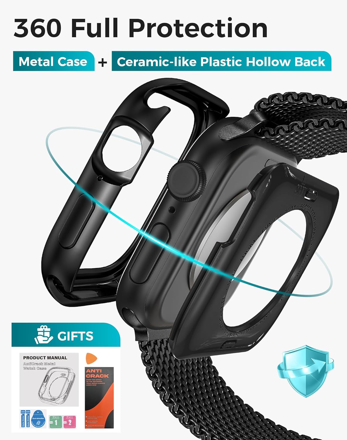 Goton AntiCrack Metal Case for Apple Watch Series 11/10 46mm Screen Protector, HD Tempered Glass, Daily Water-Resistant Alloy Bumper with Ceramic-Style Back Cover for iWatch 46 mm - Image 7