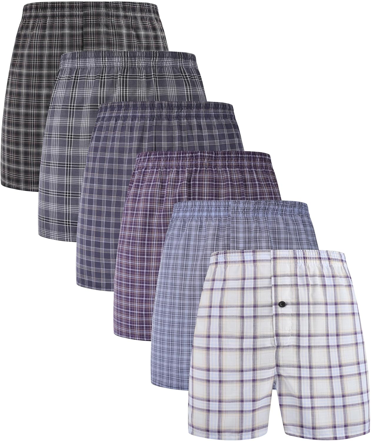 BAMBOO COOL Men's Underwear Woven Boxer Shorts,Classic Relaxed Fit,Lightweight Plaid Boxers,6 Pack