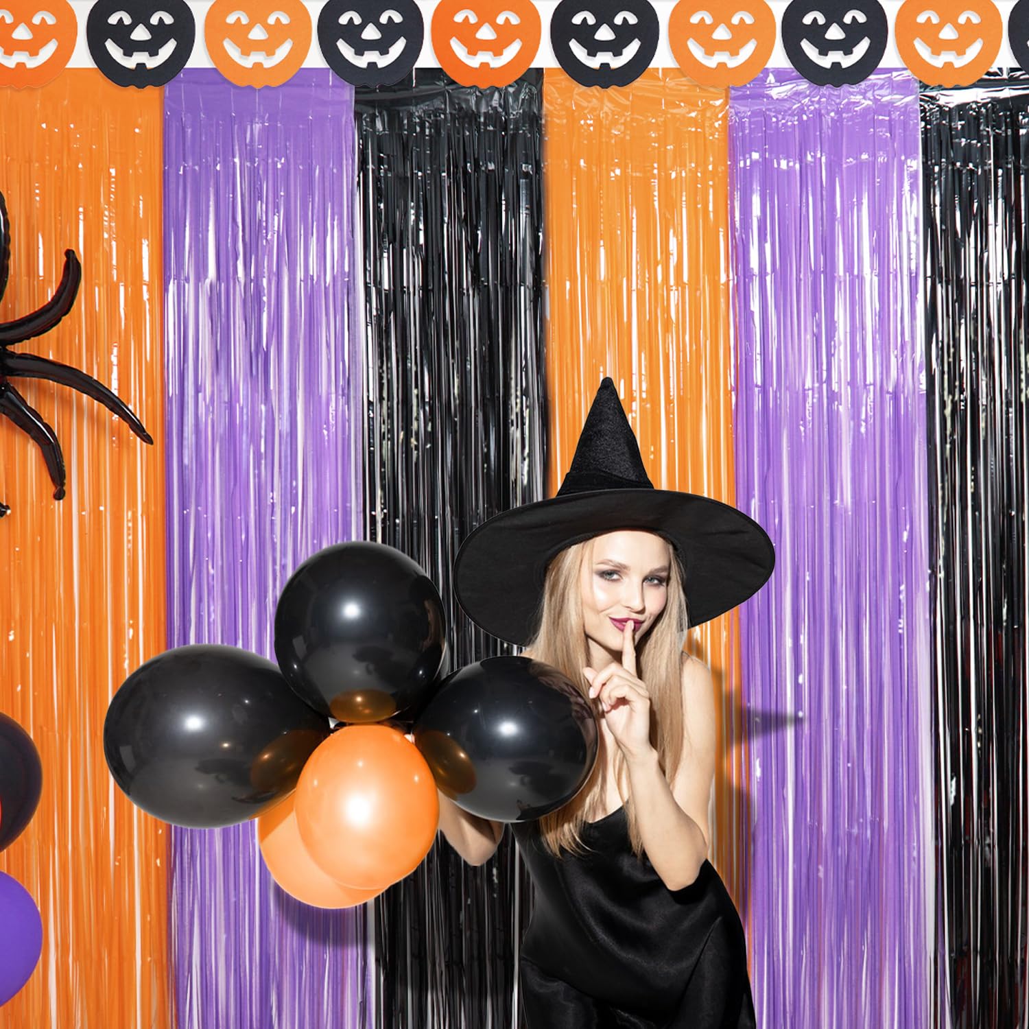 2 Pack Halloween Foil Fringe Curtains - Orange Purple Black Metallic Tinsel Foil Fringe Curtains Photo Streamers Backdrop for Wall Decor Party Photo Booth Props