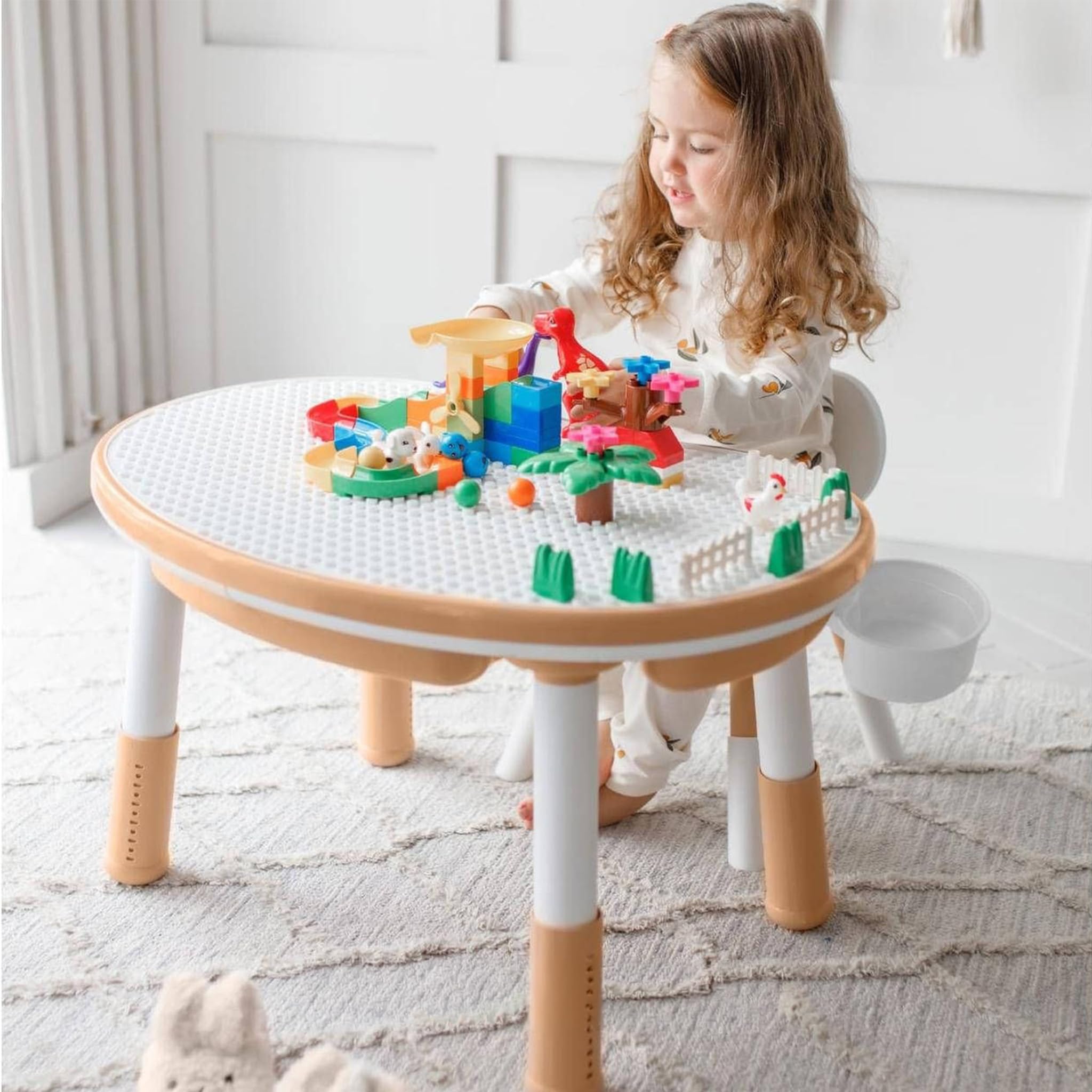 GAPPA Mesa y Silla Infantil 5en1: niños 3-8 años, Altura Regulable. Contenedor de Agua y Arena, Tablero Reversible para Bloques y Dibujo, 2 cajones (Beige)