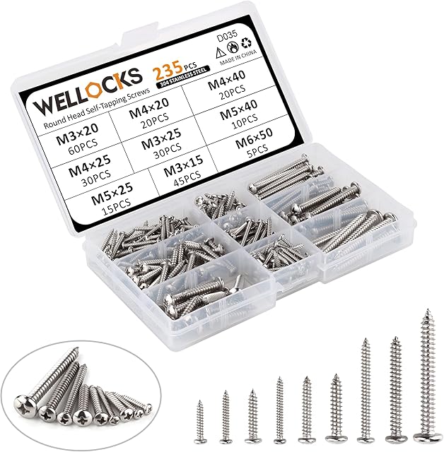 WELLOCKS Screws Set 235 PCS 304 Stainless Steel, M3/M4/M5/M6 Self Tapping Screws Assortment Set, Round Head Rust Proof Wood Screw Kit with Storage Box for Homemade, Repairment, Woodwork Indoor(D035)