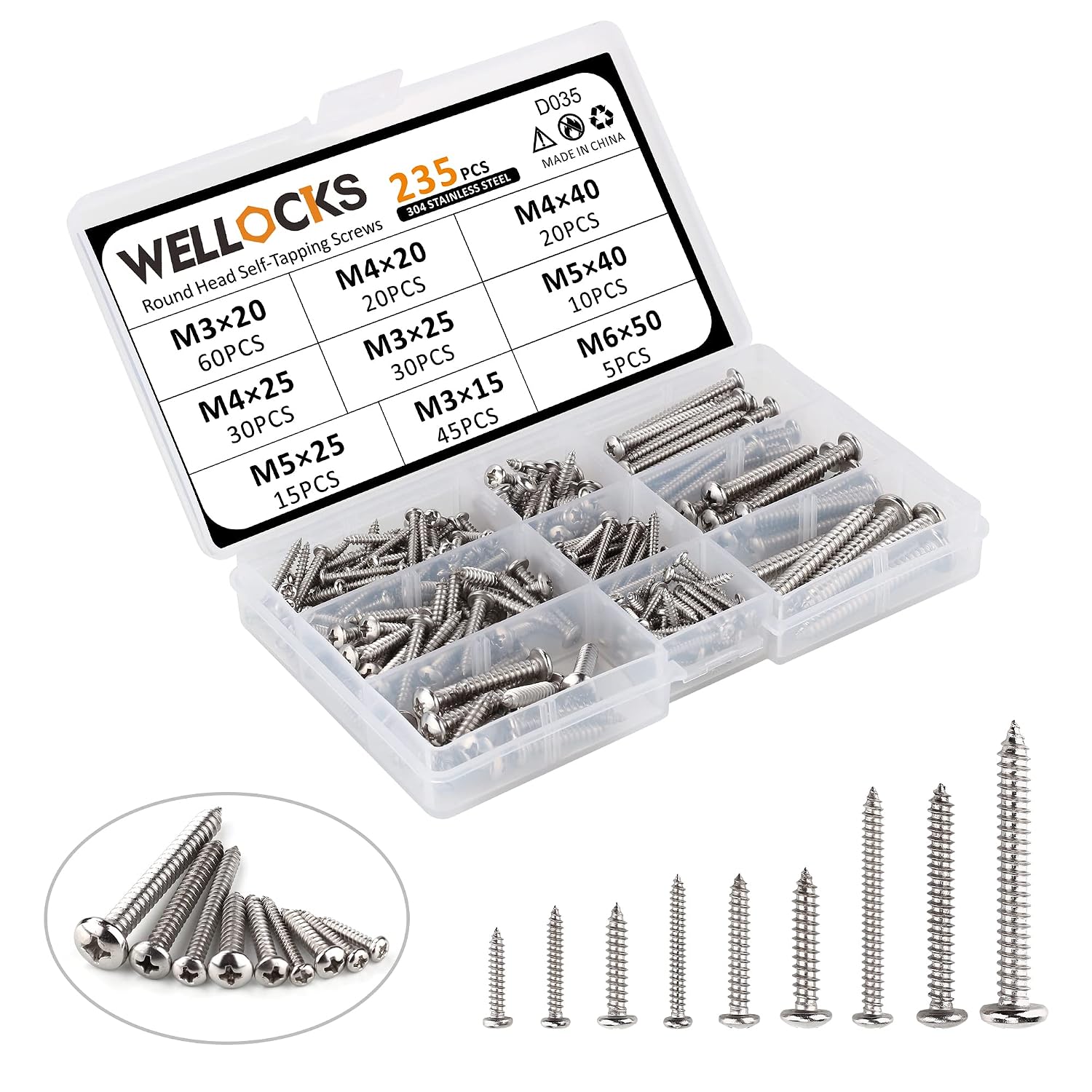 WELLOCKS Wood Screws 235 PCS 304 Stainless Steel M3/M4/M5/M6 Round Head Self Tapping Screws Assortment Set Rust Proof Wood Screw Kit with Storage Box for Homemade, Repairment, Woodwork Indoor(D035)