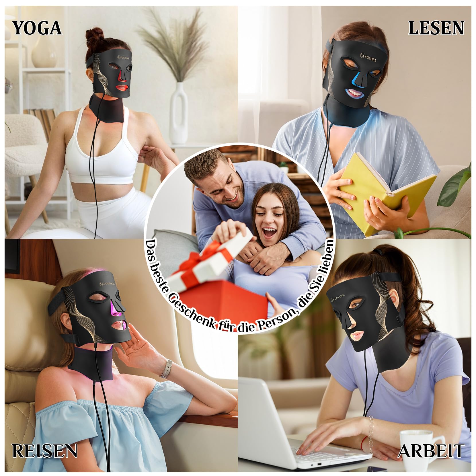 FOLOKE LED Maske Gesicht -LED Lichttherapiemaske für die Gesichtspflege, 7-farbige Lichtwellen, rote Lichtmaske für Gesicht und Hals, rot – 5 Helligkeitsstufen, rote Lichtmaske für zu Hause