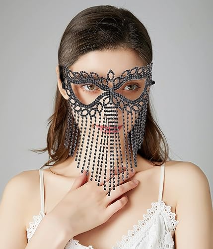 Miniatura 2 de Bellady Máscara de Mardi Gras con flecos de ojo de gato con diamantes de imitación y lazo trasero