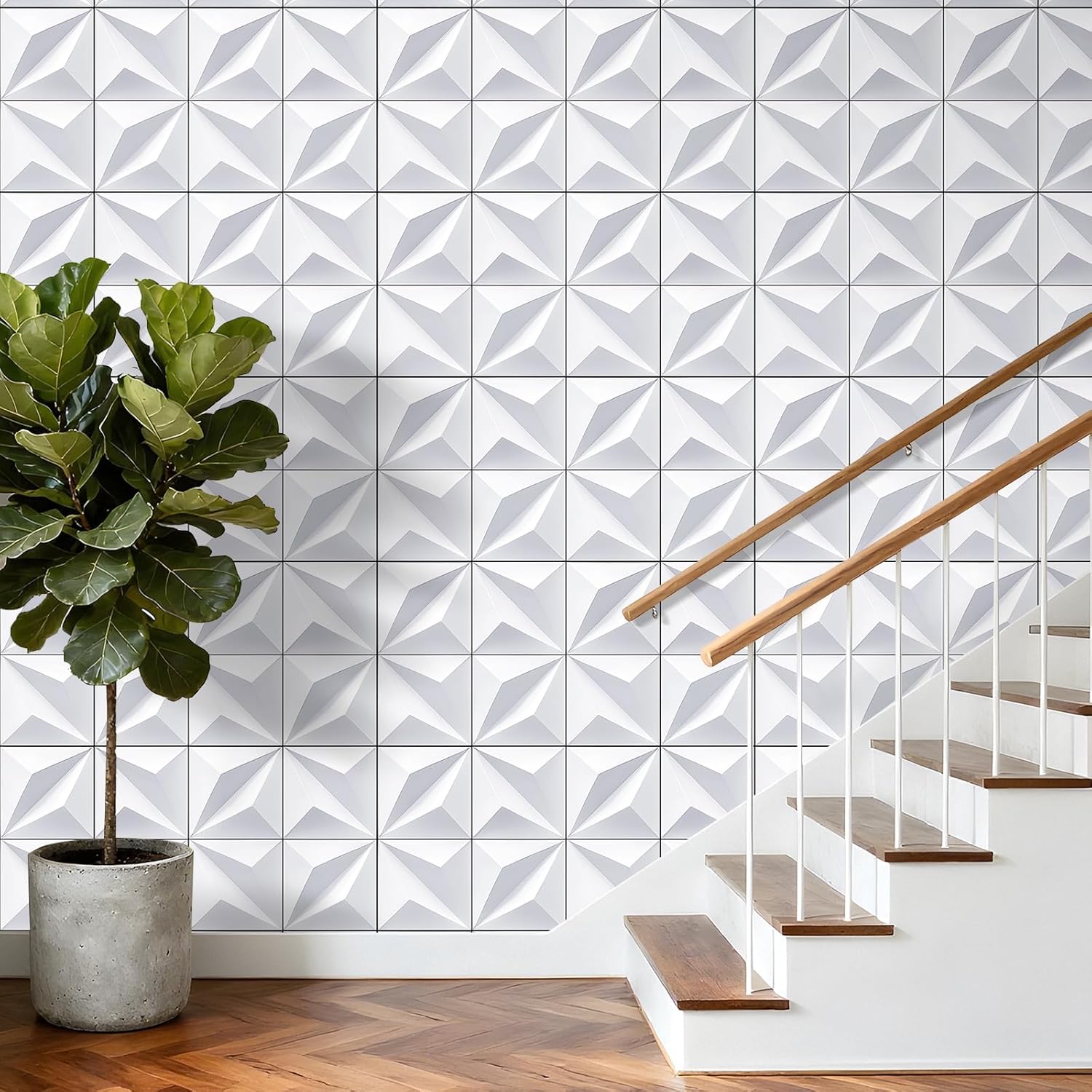 YENHOME Faux 3D Embossed Geometric Peel and Stick Wallpaper 17.5"X118" White Textured Self-Adhesive Wall Panels Waterproof Removable Vinyl Mural for Bathroom Backsplash Accent Walls Home Decor