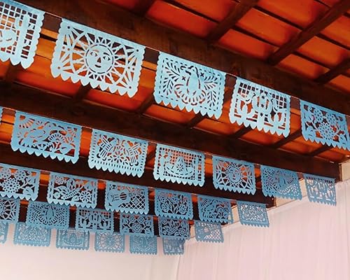 Pancarta de papel picado azul claro (azul brillante), decoración de fiesta azul, bonita pancarta de papel azul para bodas, fiestas mexicanas,