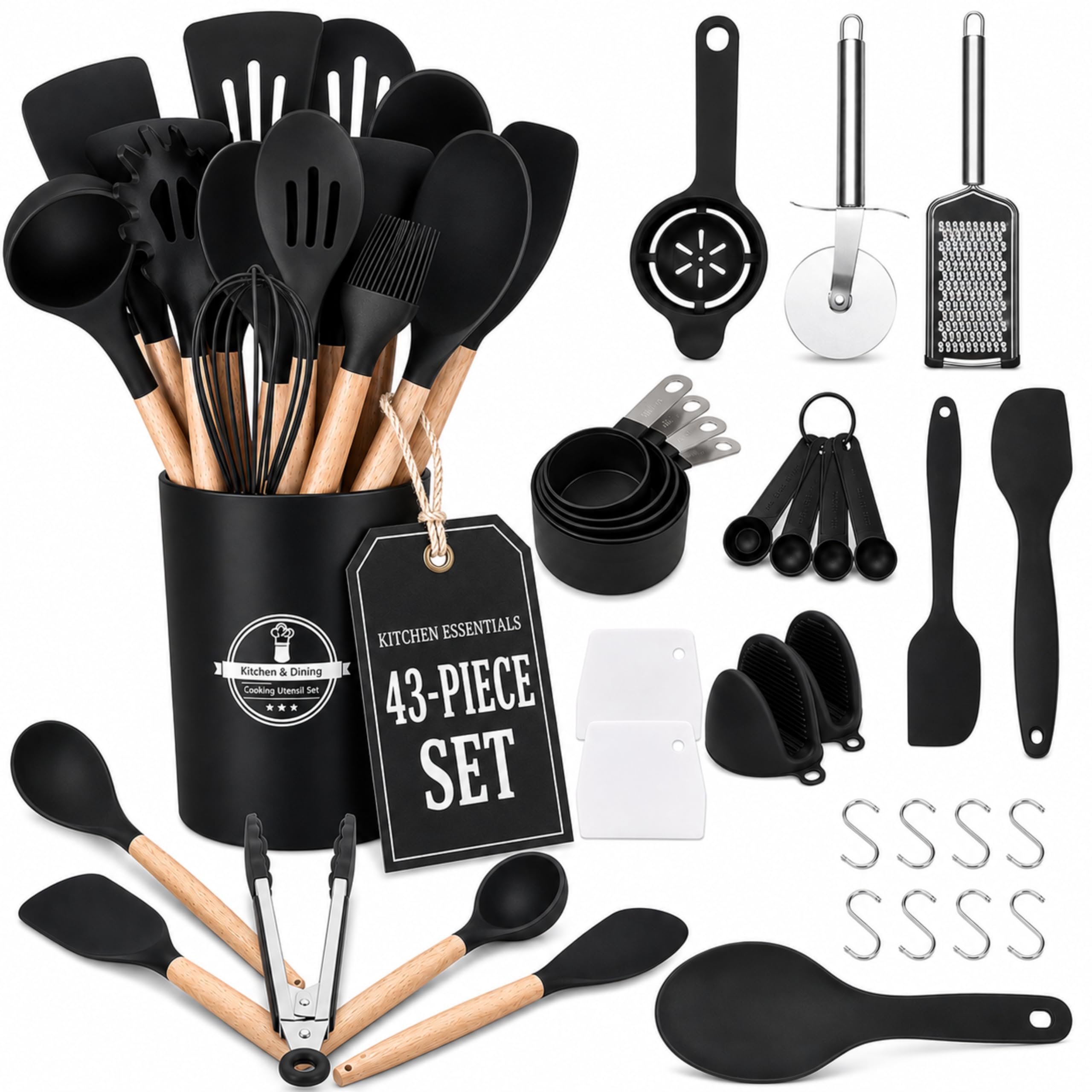 43 Piece Kitchen Utensils Set with Holder, Silicone Cooking Utensils Heat Resistant, Wooden Handle Baking Tools, Non Stick Stainless Steel Kitchen Gadgets, Black Utensil Set, Domicile Dreams