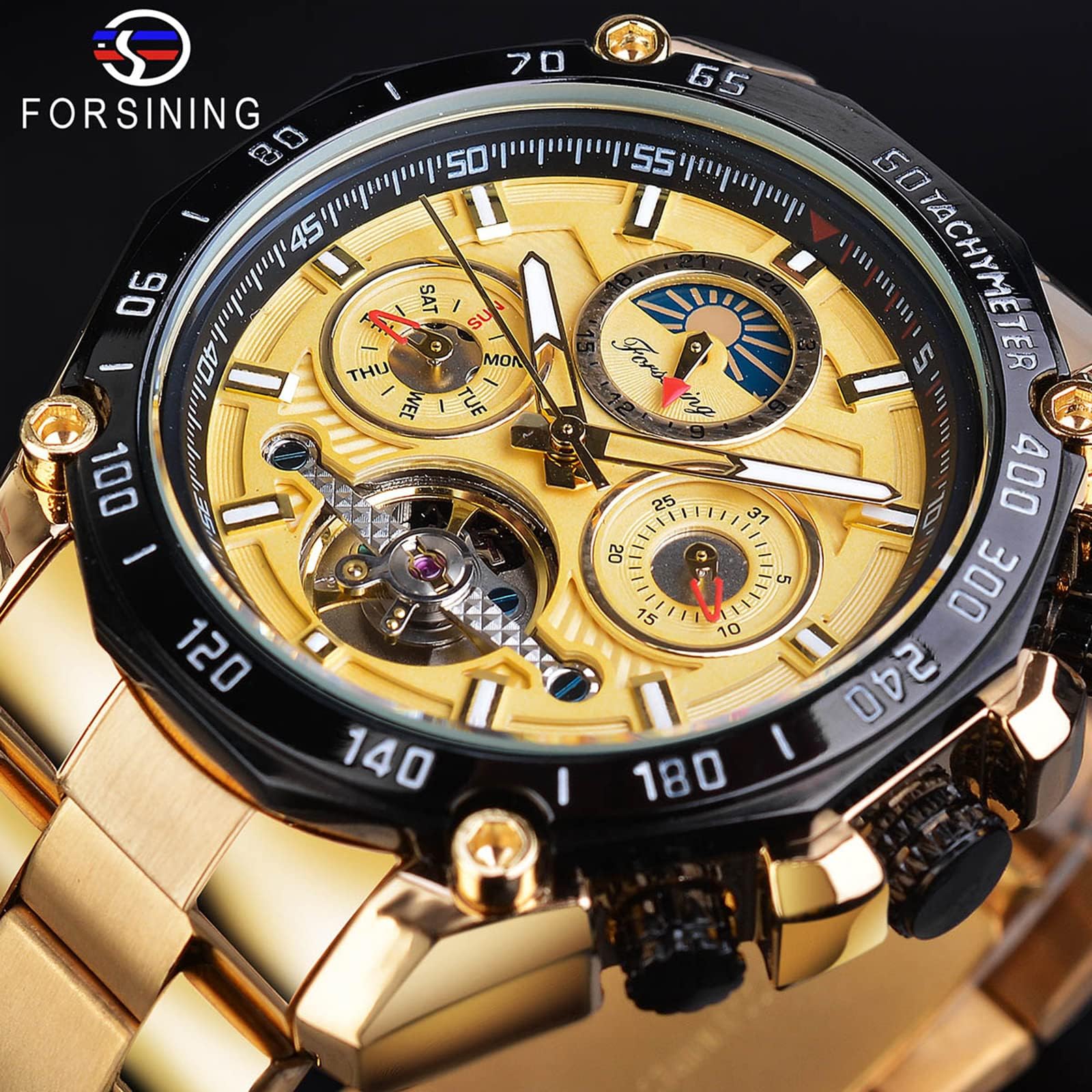 Forsining Tourbillon Herrenarmbanduhr, automatisch, mechanisch, selbstaufziehend, luxuriös, Mondphase, Edelstahl, 44 mm, großes schwarzes Zifferblatt, Goldfarben, Mechanisch
