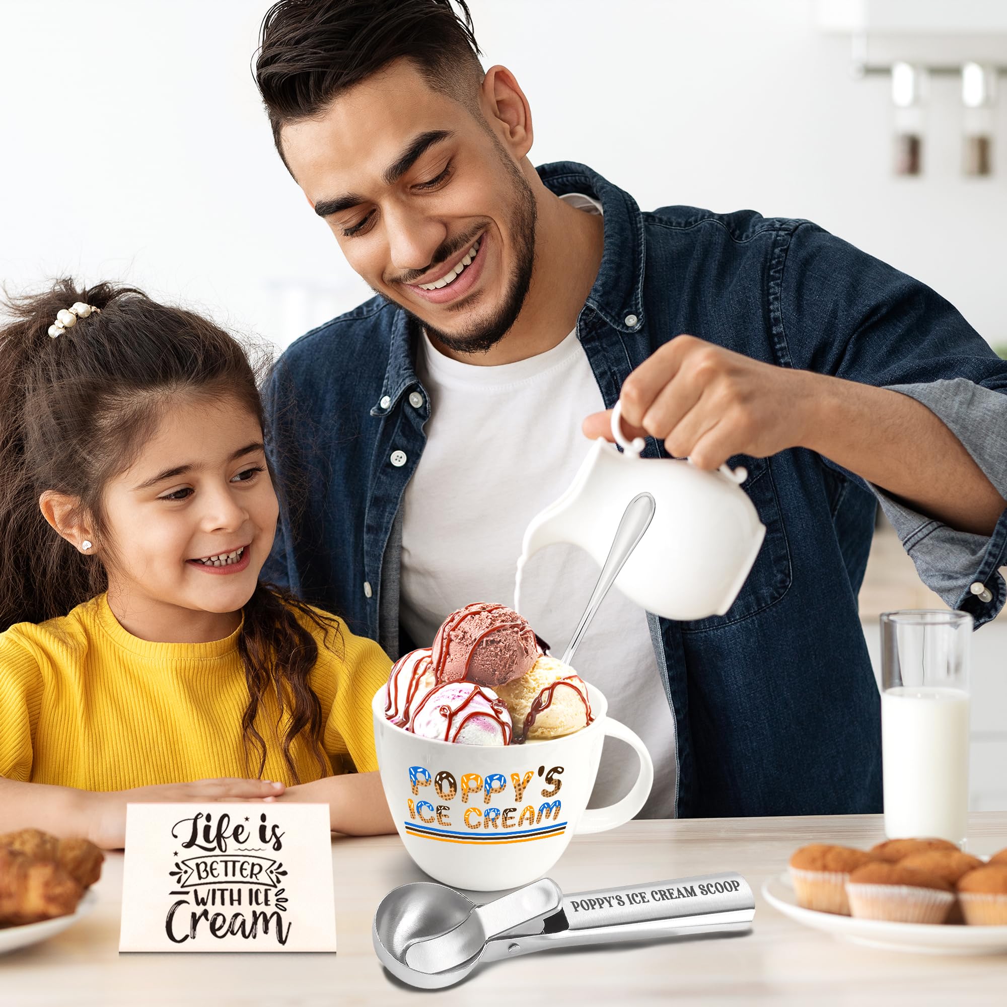 Poppy Gifts, Poppy's Gift Ice Cream Bowl Scoop Shovel Spoon Set, Grandpa Ice Cream Gift from Grandkids, Ideal Xmas Birthday Father's Day Man Gifts