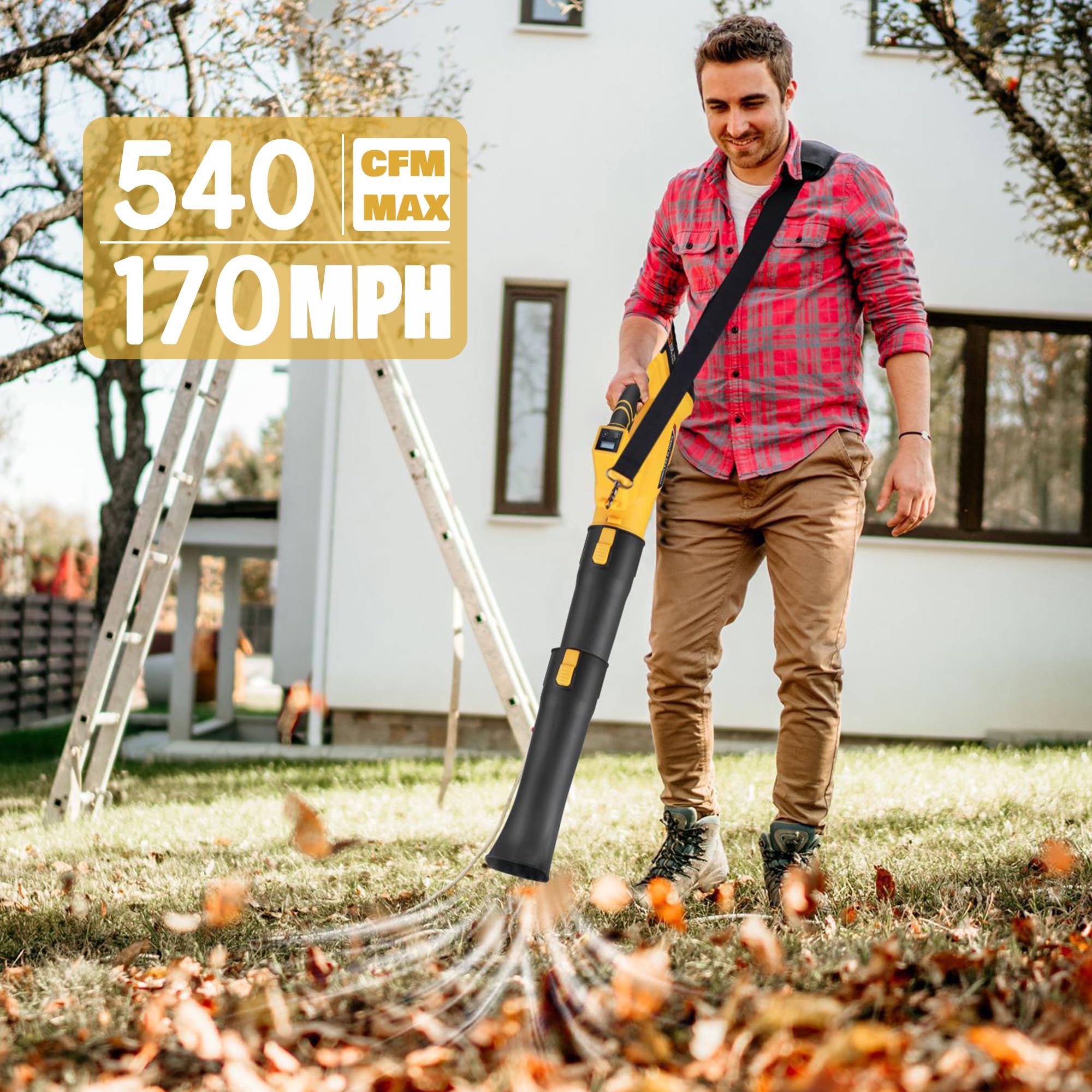 Soplador de hojas inalámbrico de 540 CFM, soplador eléctrico con modo de 6 velocidades, soplador de hojas alimentado para el cuidado del césped, patio, hojas que soplan (sin batería) 2