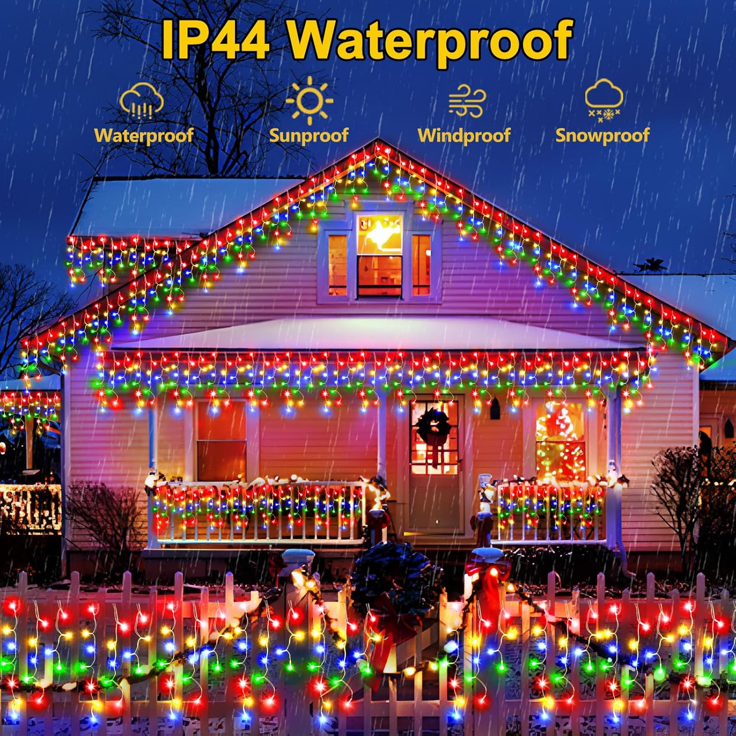 50FT 480 LED Christmas Lights Outdoor Decorations with 90 Drops Timer 8Mode Curtain String Lights Waterproof Plug in Fairy Lights for Indoor,Xmas,Party,Patio,Window,Fence,Trees Decor(Multicolor)