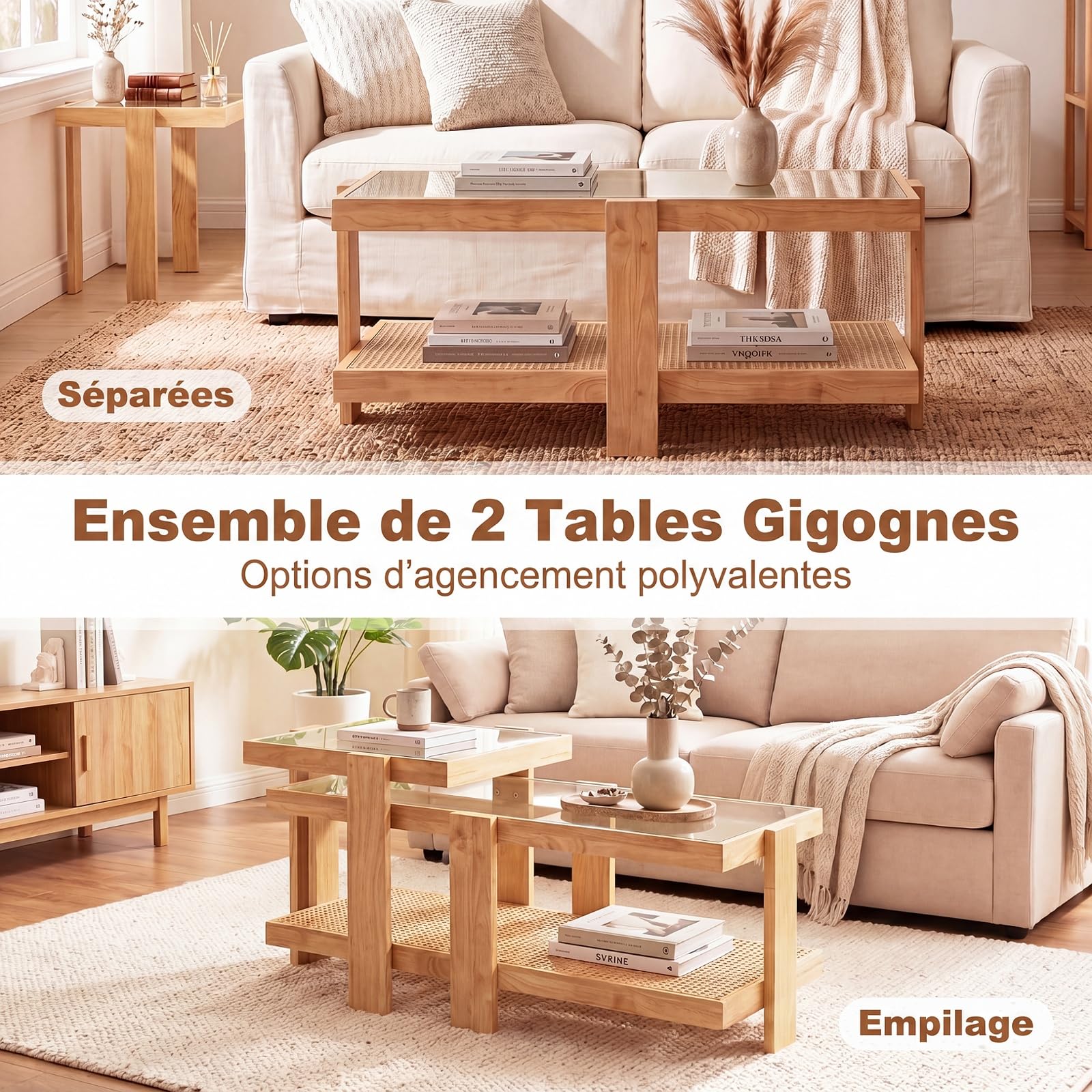 COSTWAY Tables Basses Gigognes en Verre et Bois, Table Basse Transparente