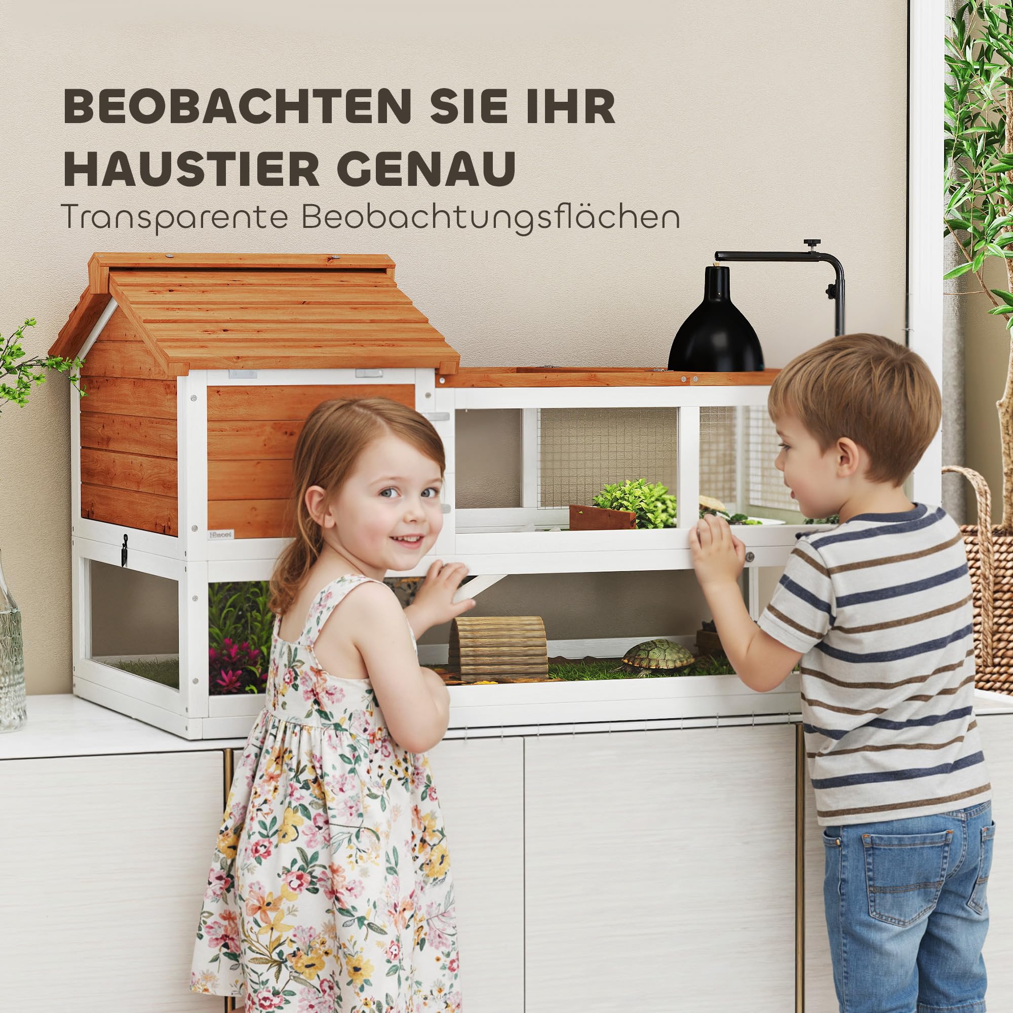 PawHut Schildkrötenhaus aus Holz Schildkrötengehege mit Zwei Haupthäusern aufklappbarem Oberseite Lampenhalter, Outdoor Reptilienkäfig Terrarium für Schildkröten Reptilien 116 x 70,5 x 69,5cm Orange