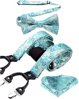 Mens Suspenders Adjustable Teal Paisley Floral Bowtie & Suspenders Pocket Square Sets Y Shape 6 Clips Wedding Party Braces