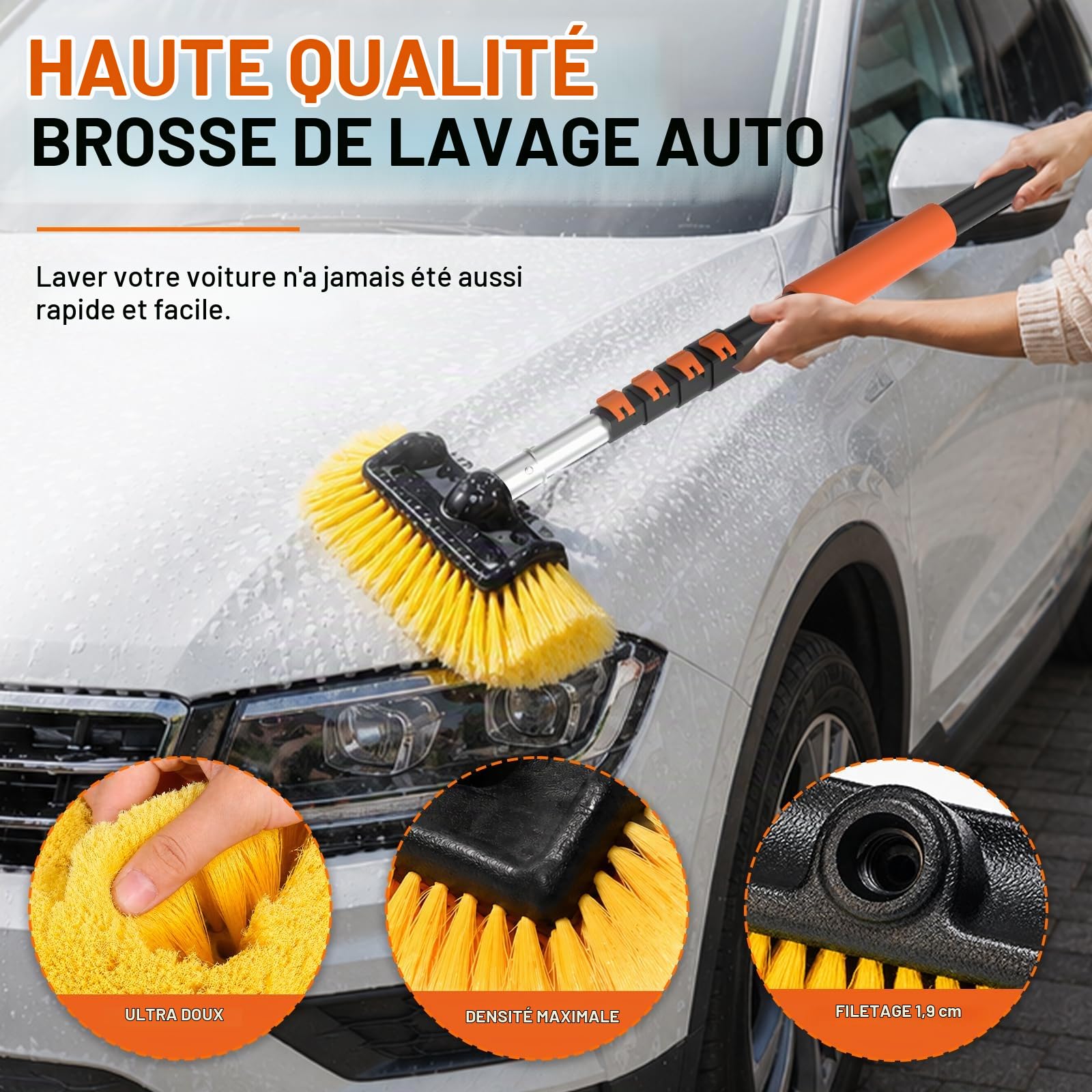 SISUPASSIE Brosse Lavage Voiture Télescopique 4,8m - Brosse Nettoyage Voiture avec Perche Télescopique Et Tête De Brosse Souple 30cm, Brosse Télescopique pour Voiture, Caravane Et Panneau Solaire