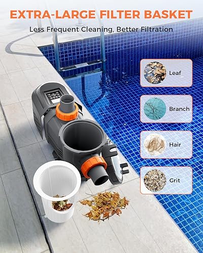 Miniatura 9 de Bomba de piscina de velocidad variable, 1.8HP, 220V-240V, bomba de piscina enterrada, alto flujo 9114 GPH autocebante de bajo consumo bombas de