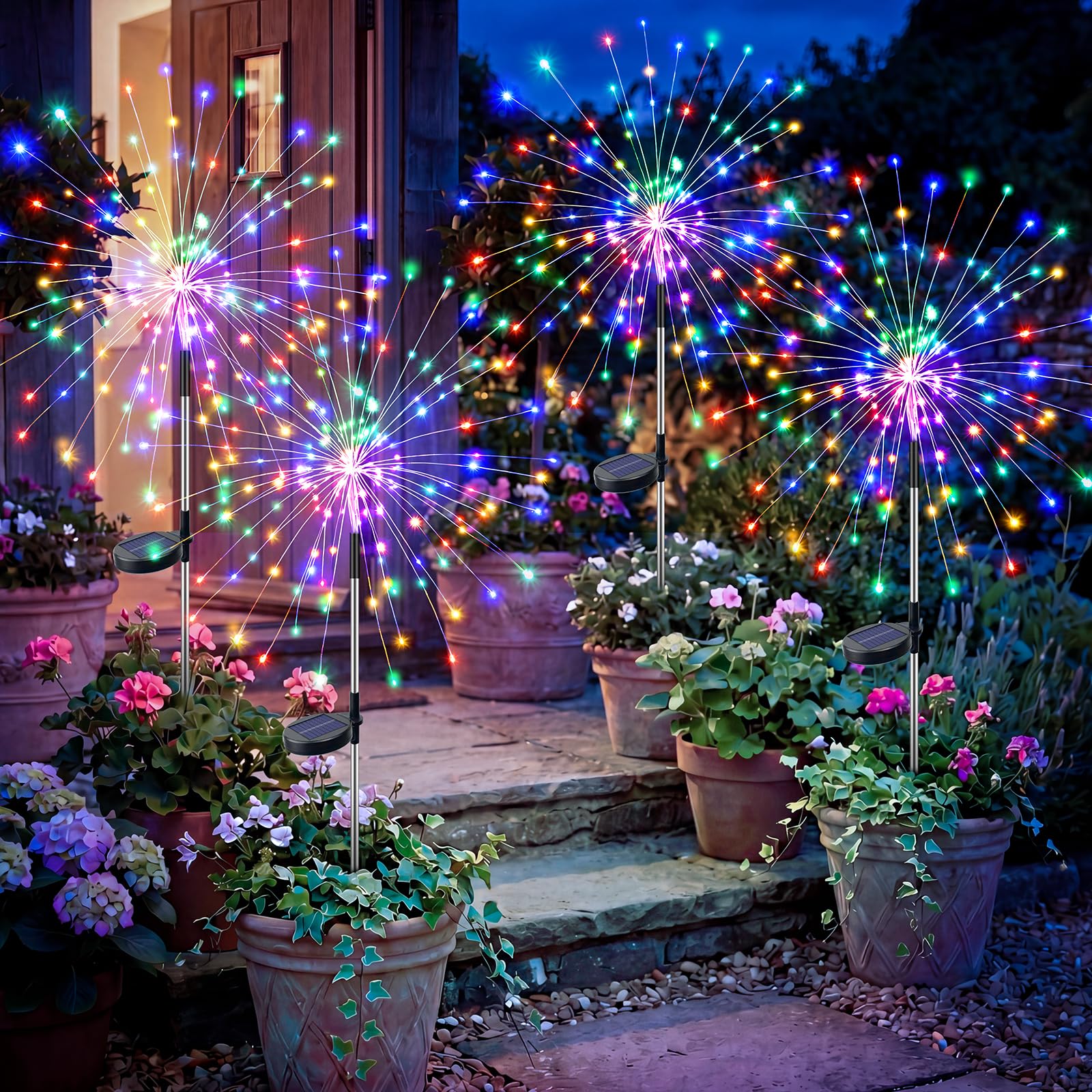 btfarm 4 Pack Solar Lights Outdoor Garden, 120 LEDs Solar Firework Lights 8 Modes, Starburst Decorative Light Powered Waterproof for Yard Lawn Patio Party Pathway Landscape Wedding Decor, Multicolor
