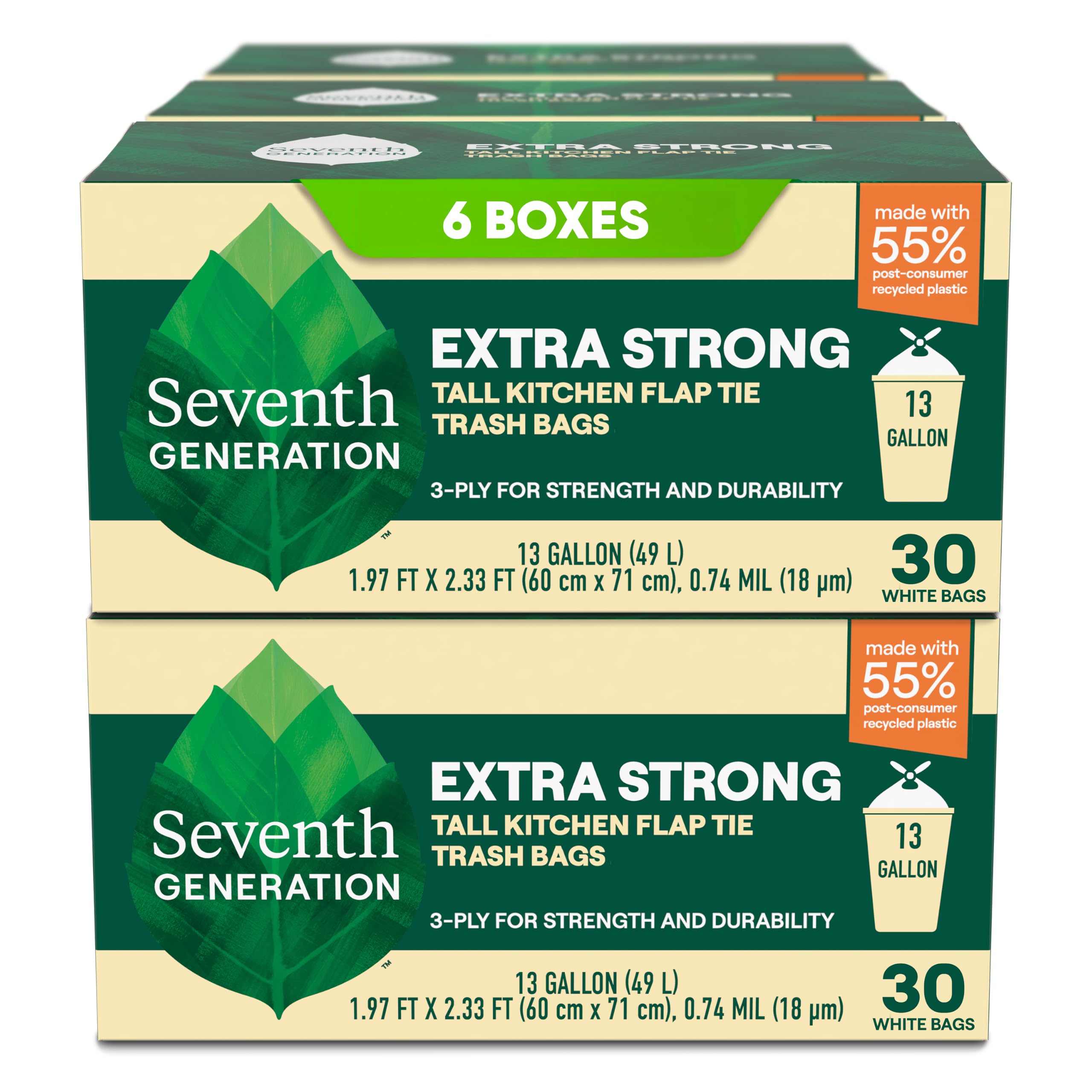 Seventh Generation Kitchen Garbage Bags 13 Gallon Pack of 6 Extra Strong Made from Recycled Plastic 20 count