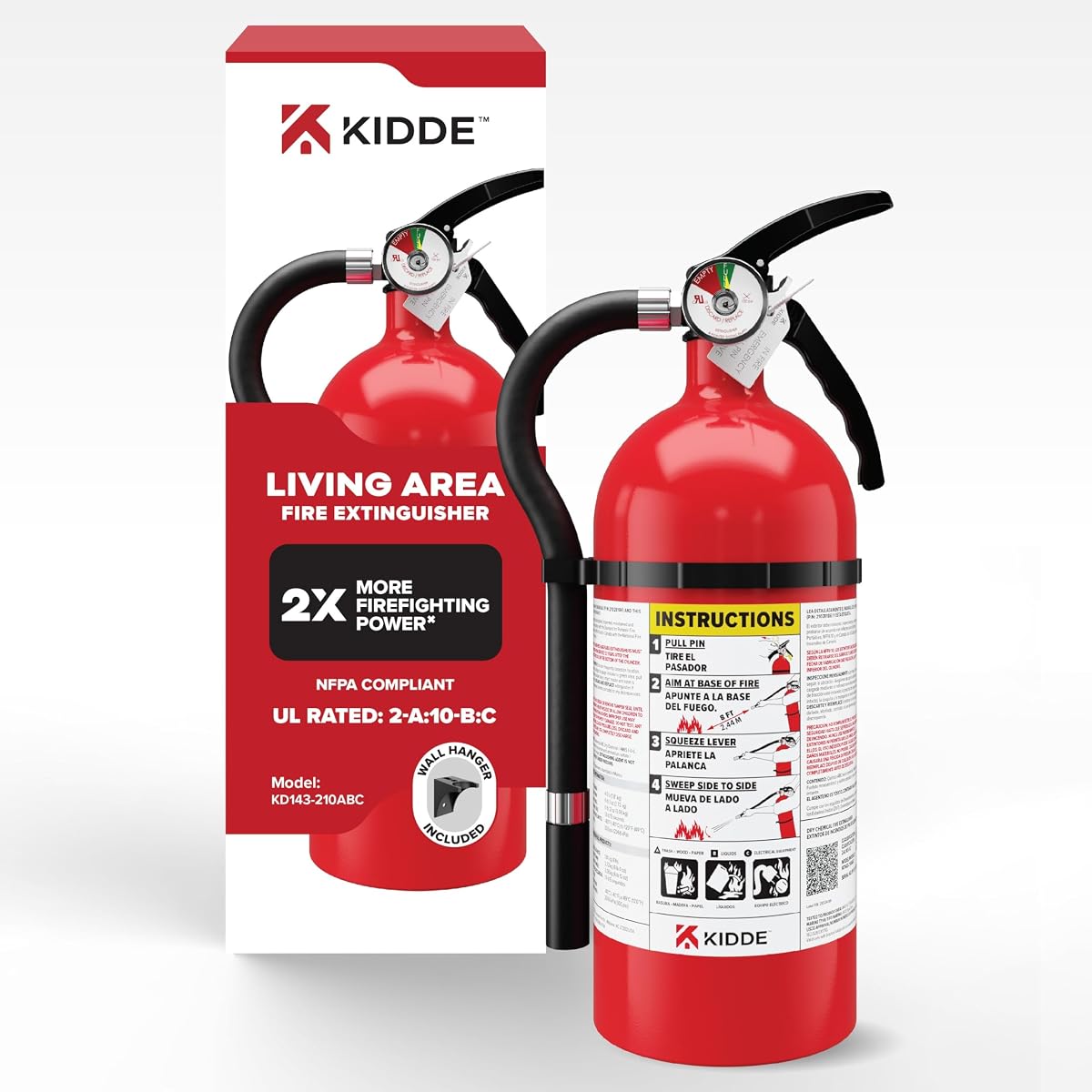 Extintor de incendios Kidde Living Area para el hogar, 2-A:10-B:C, KD143-210ABC | Extintor residencial multiusos para incendios domésticos comunes pequeños a medianos, 4 lb. Químico seco