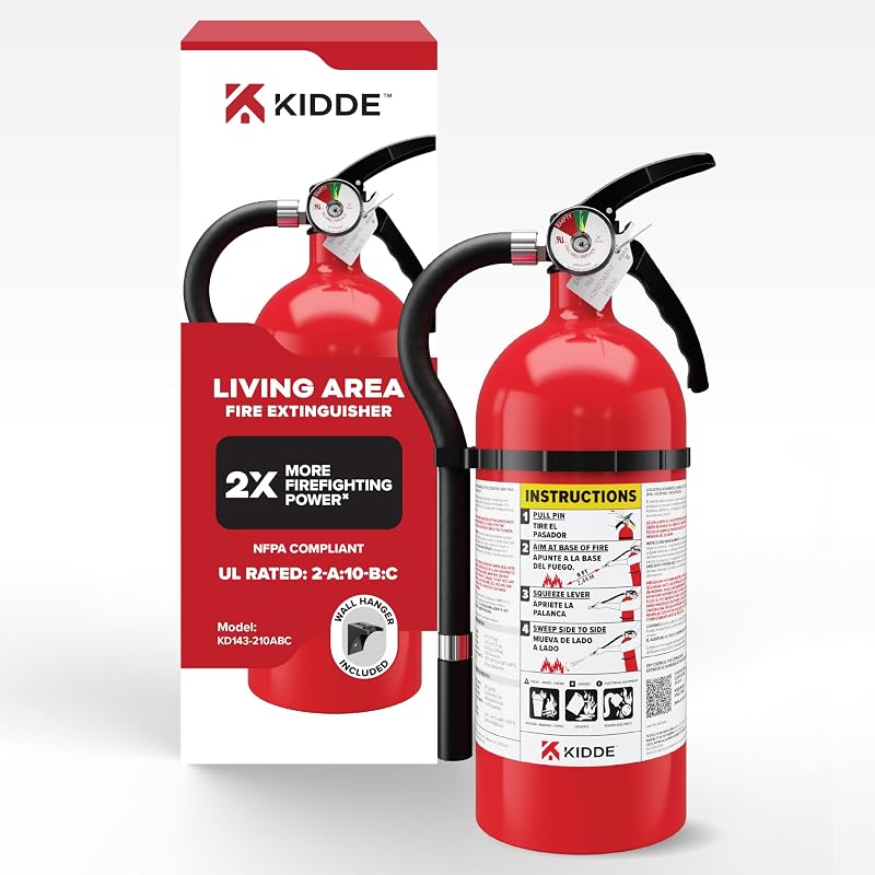 Extintor de incendios Kidde Living Area para el hogar, 2-A:10-B:C, KD143-210ABC | Extintor residencial multiusos para incendios domésticos comunes pequeños a medianos, 4 lb. Químico seco