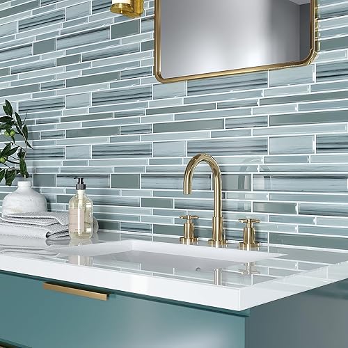 Miniatura 4 de VEELIKE 24 hojas de mosaico para despegar y pegar en muro de cocina, azulejos azules adhesivos para baño, azulejos adhesivos impermeables para