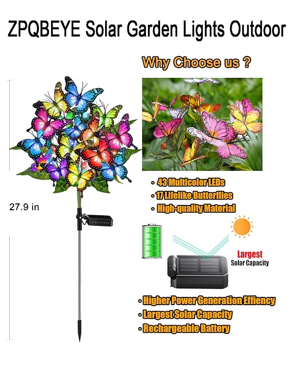 ZPQBEYE Solar Garden Lights Outdoor Waterproof Decorative Solar Lights Outside 2 Pack with 86 LED 34 Butterfly Flowers Garden Decor Yard Patio Lawn, Gifts for Women Mother's Day Mom by ZPQBEYE - Used condition - Image 3