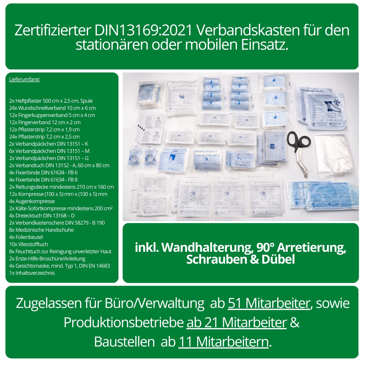 Erste Hilfe Kasten DIN 13169:2021, Erste Hilfe Koffer - LARGE - mit Wandhalterung, Verbands-Kasten gemäß ASR, ABS-Kunststoff - bruchsicher & schlagfest - mit Platz für mehr - Typ L (weiss), HierBeiDir