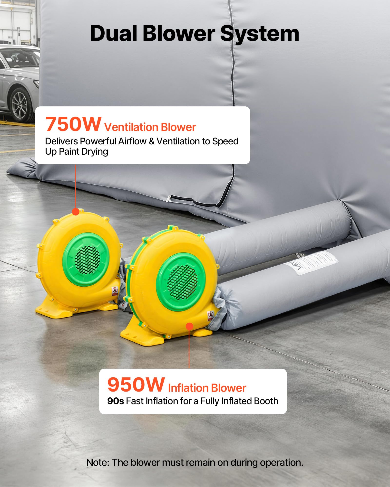 VEVOR Nadmuchiwana kabina lakiernicza, 7,9 x 4,5 x 3 m, przenośna kabina natryskowa z dmuchawami 750 W + 950 W, duża bawełna filtrująca, obszar przewijania, łukowy namiot do malowania dachu do
