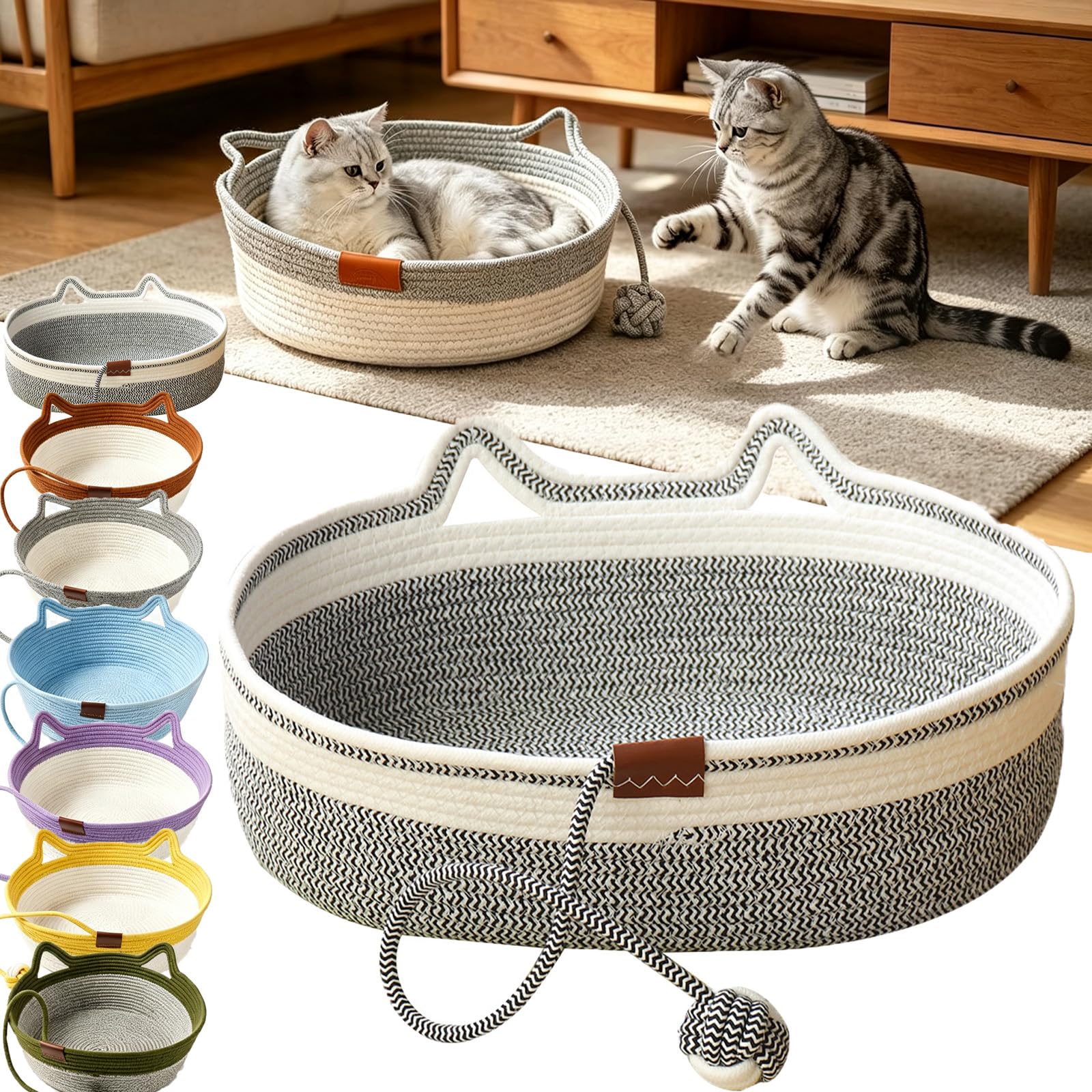 Cat Instinct Basket Cat Scratcher, Cat Basket Bed with Cushion and Hanging Ball Toy, Handwoven Cotton Rope Cats Bed for Cats & Kittens, Scratchable Woven Cat Nest Lounger for Sleeping & Playing，F：M