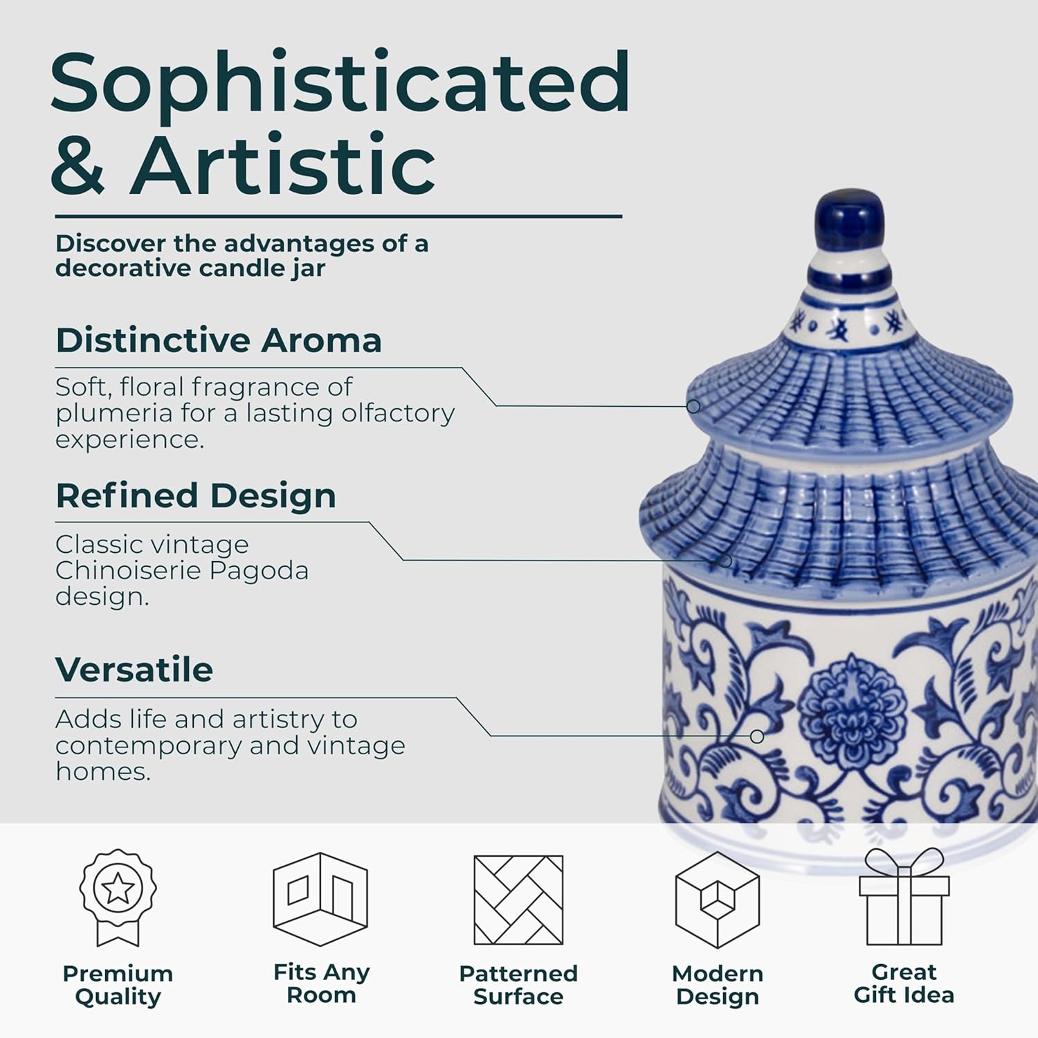 Plumeria Chinoiserie Candle Holder Jar – Pagoda-Inspired Decorative Taper Candle Holders – Elegant Office & Home Decor Accents for Living Room & Bedroom – 5"x8", Blue & White