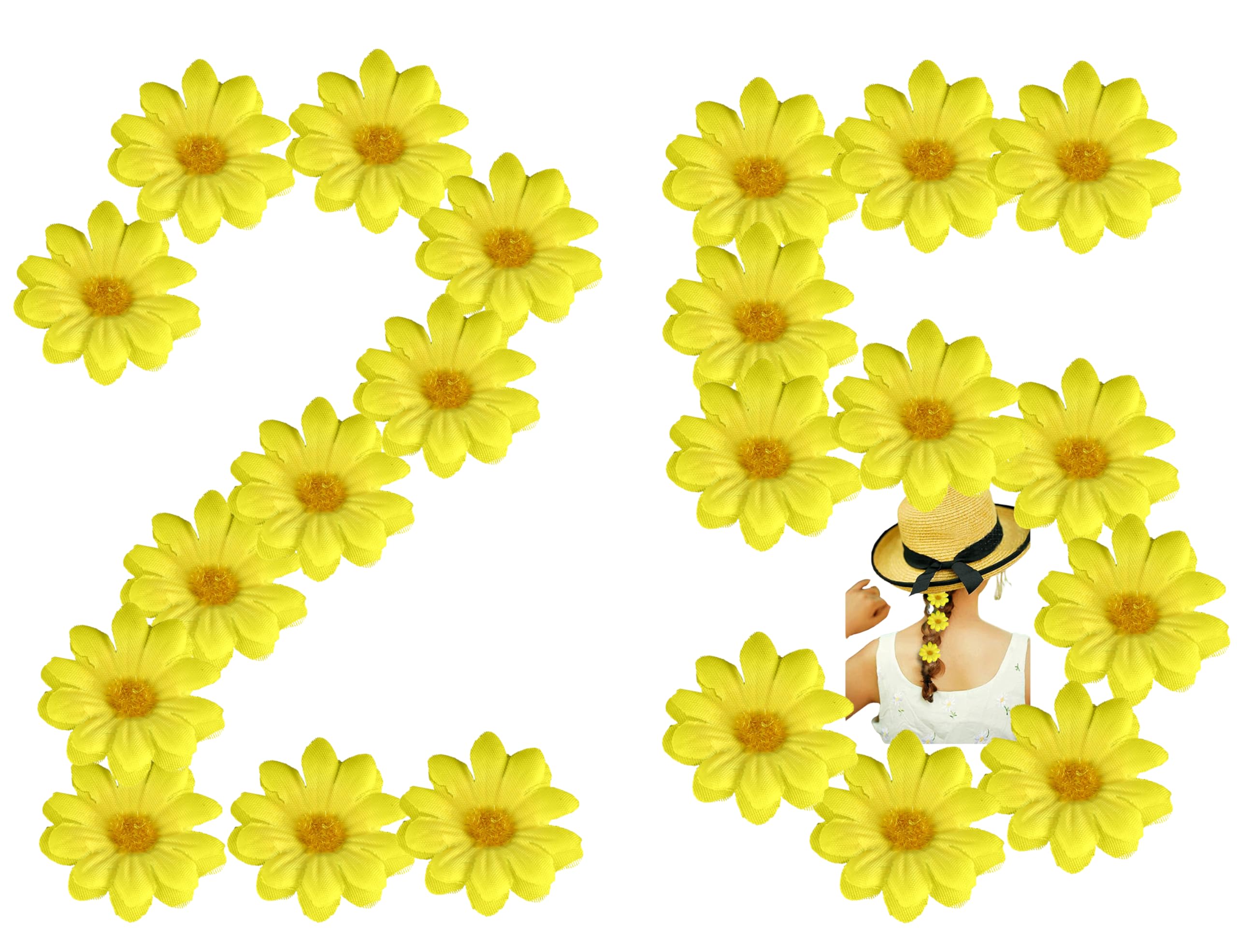 HOVUK 25x Yellow Artificial Daisy Flowers for DIY Crafts, Wedding Decor, and Party Wreaths – Fabric Gerbera Daisy Heads for Spring, Easter, and Home Decoration Size-4.3cm
