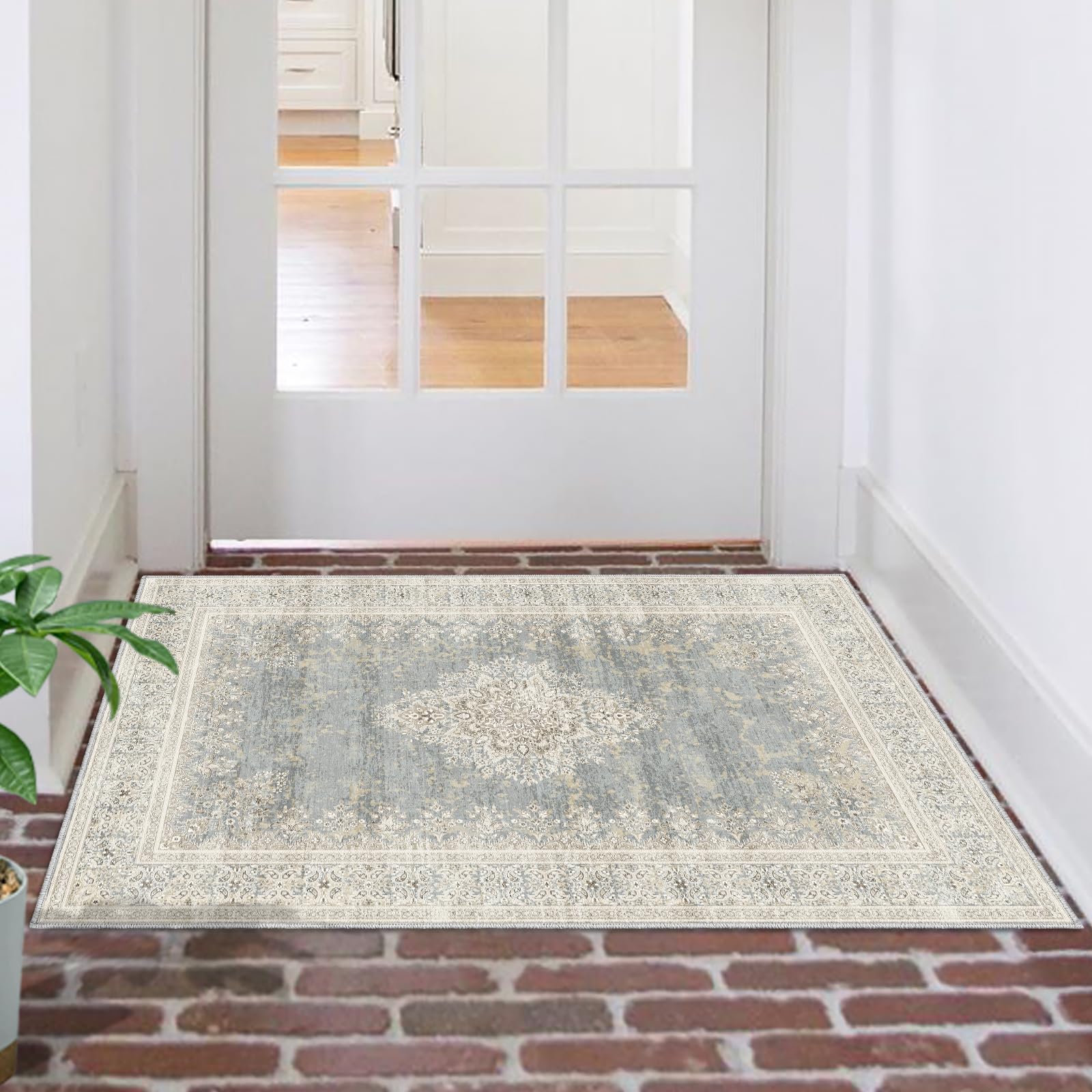 2x3 Entryway Rug Non-Slip Washable Thin Indoor Vintage Rug Low-Pile Floor Carpet for Entrance Bedroom Kitchen Bathroom Beige