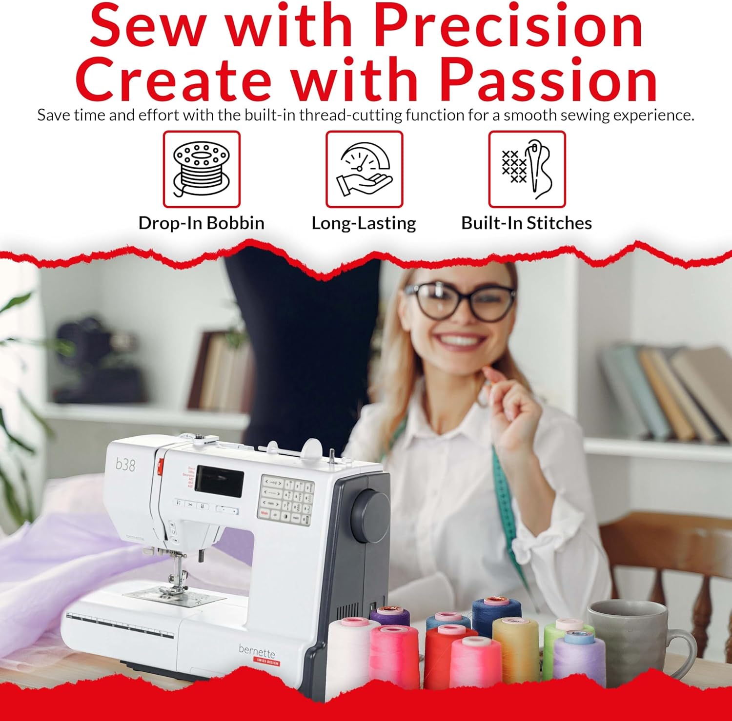 Bernette B38 Computerized Sewing Machine with LCD Display | 394 Stitch Patterns, Auto Needle Threader, LED Light, Extension Table | Presser Feet, Bobbins, Needles, Knee Lifter, Rotary Cutter & More